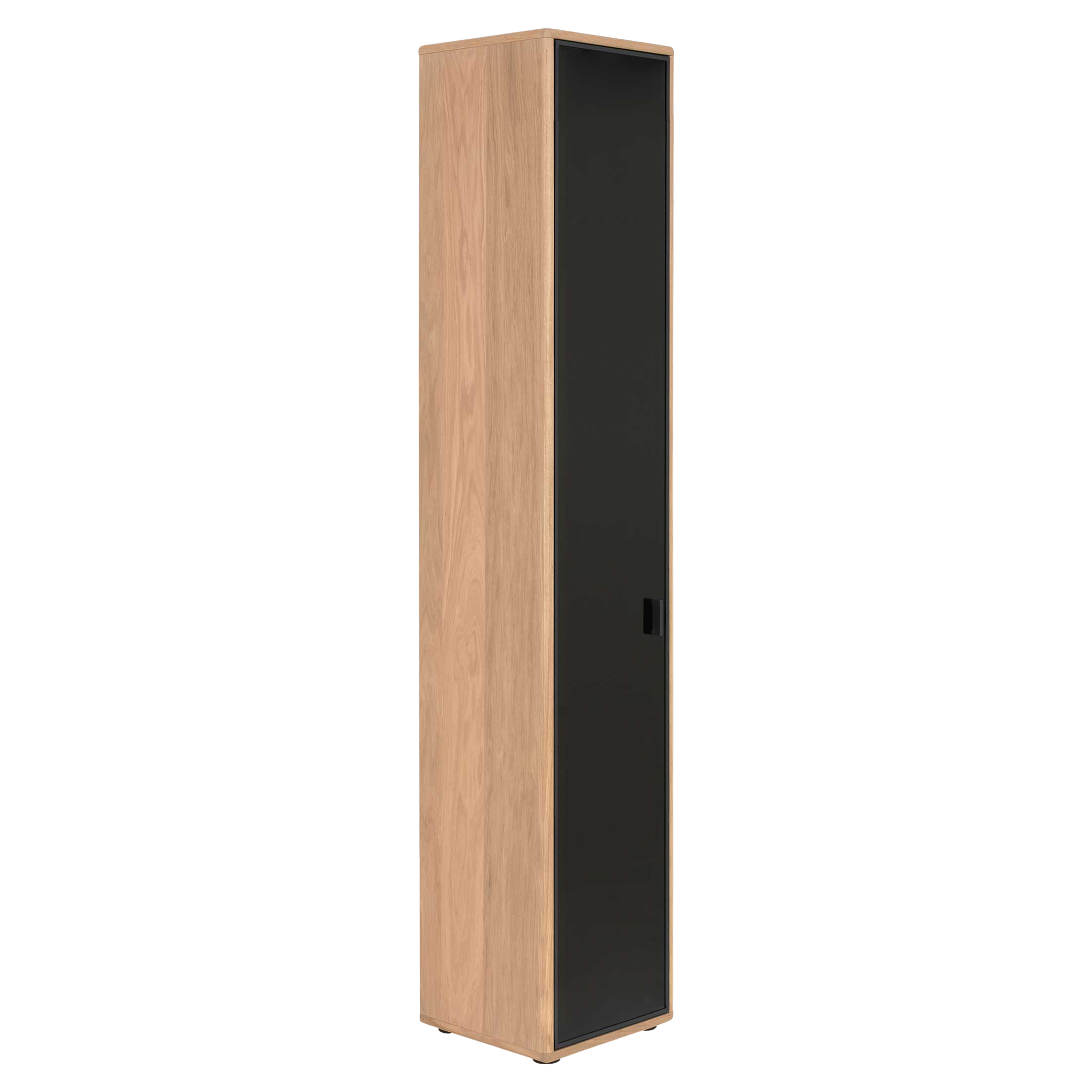 Hohe Vitrine mit Schwarzglasfront und Eichefurnier