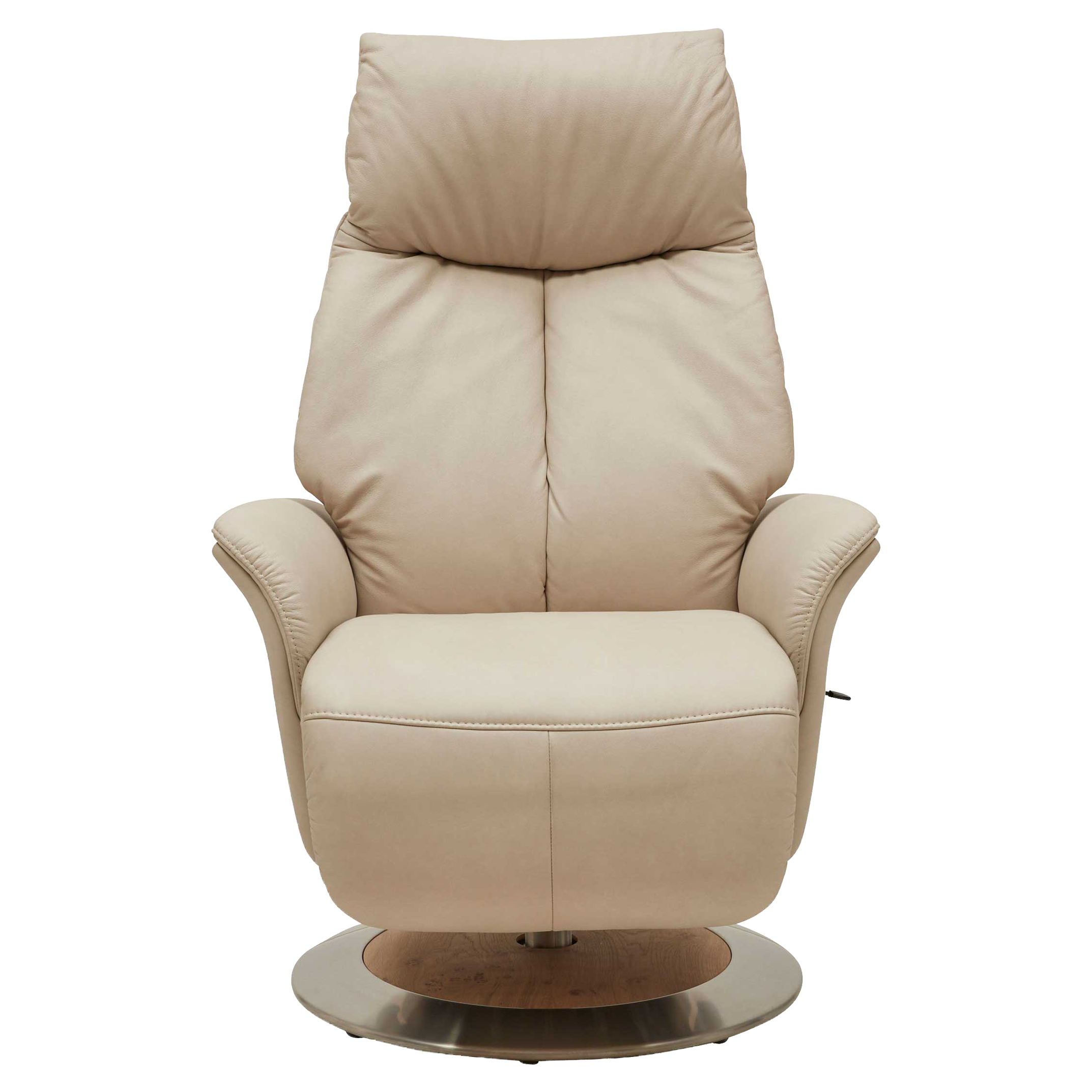 Beiger Leder-Sessel mit hoher Rückenlehne und Kopfkissen, gepolsterten Armlehnen, seitlichem Hebel und rundem Metall-Sockel.