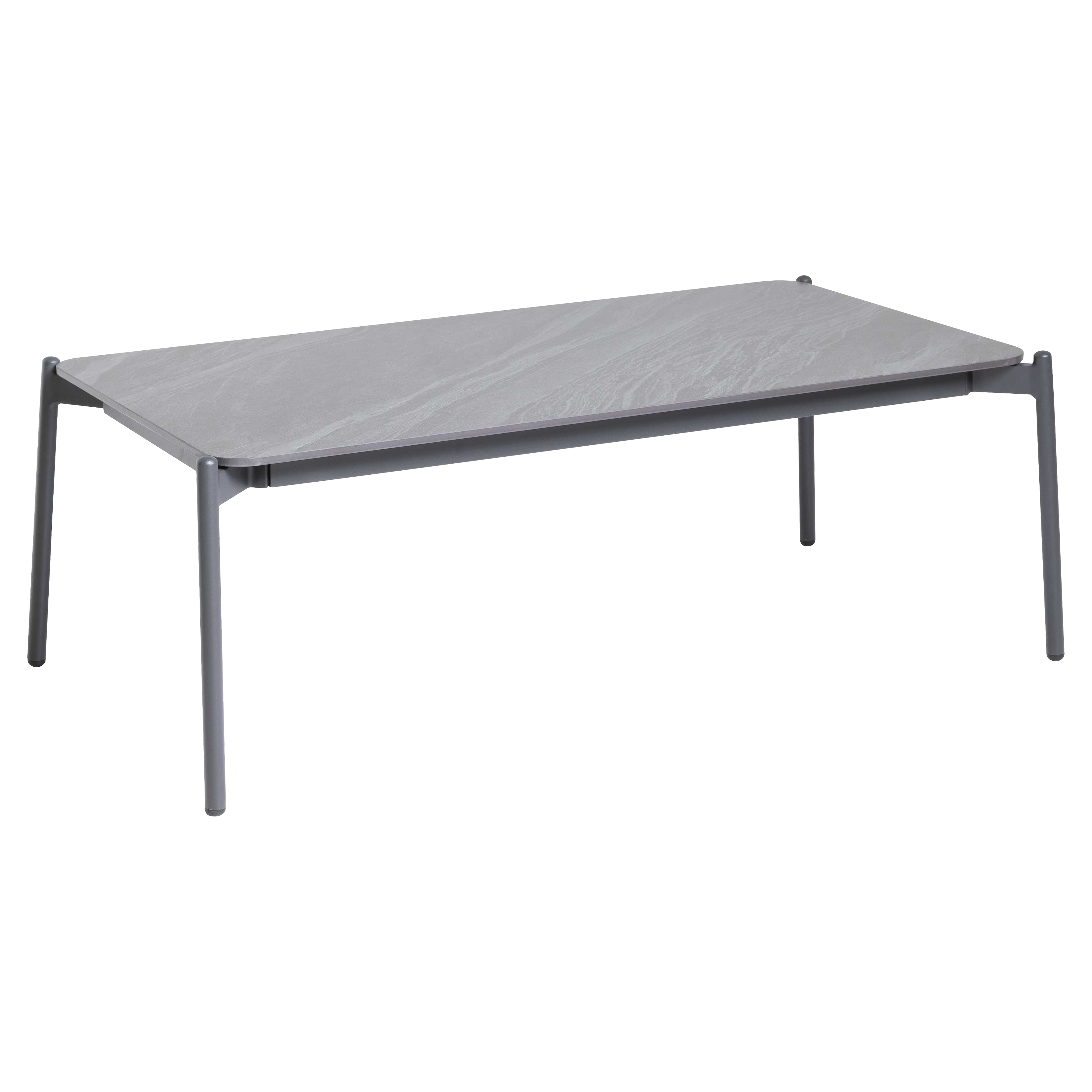 Rechteckiger Couchtisch mit grauer Steinoptik-Platte, abgerundeten Ecken, schlanken Metallbeinen und mittigem Stützfuß.