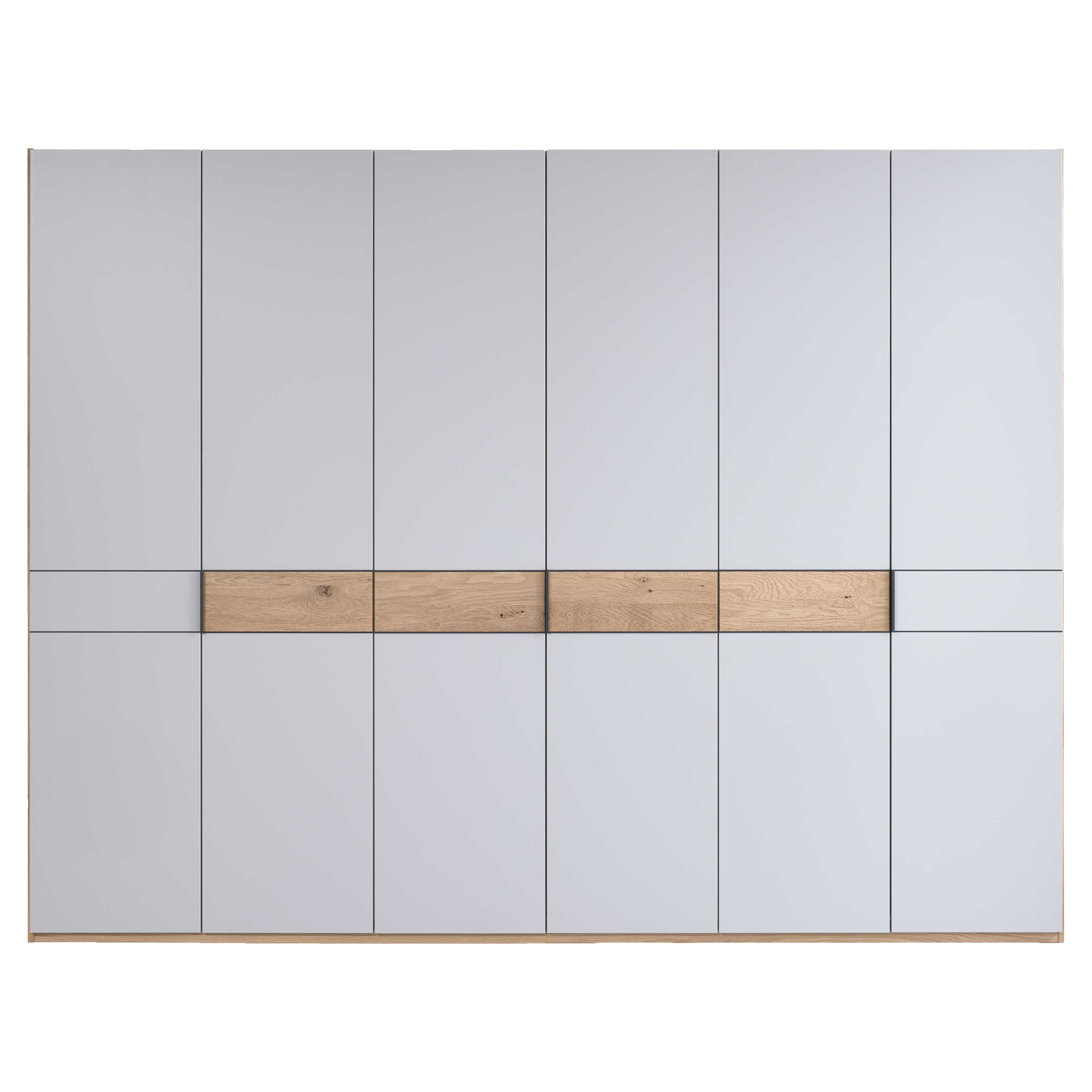 Großer Kleiderschrank mit zwölf hohen, mattgrauen Fronttüren und einem durchgehenden mittigen Eichenholzeinsatz als Schubladenfront.