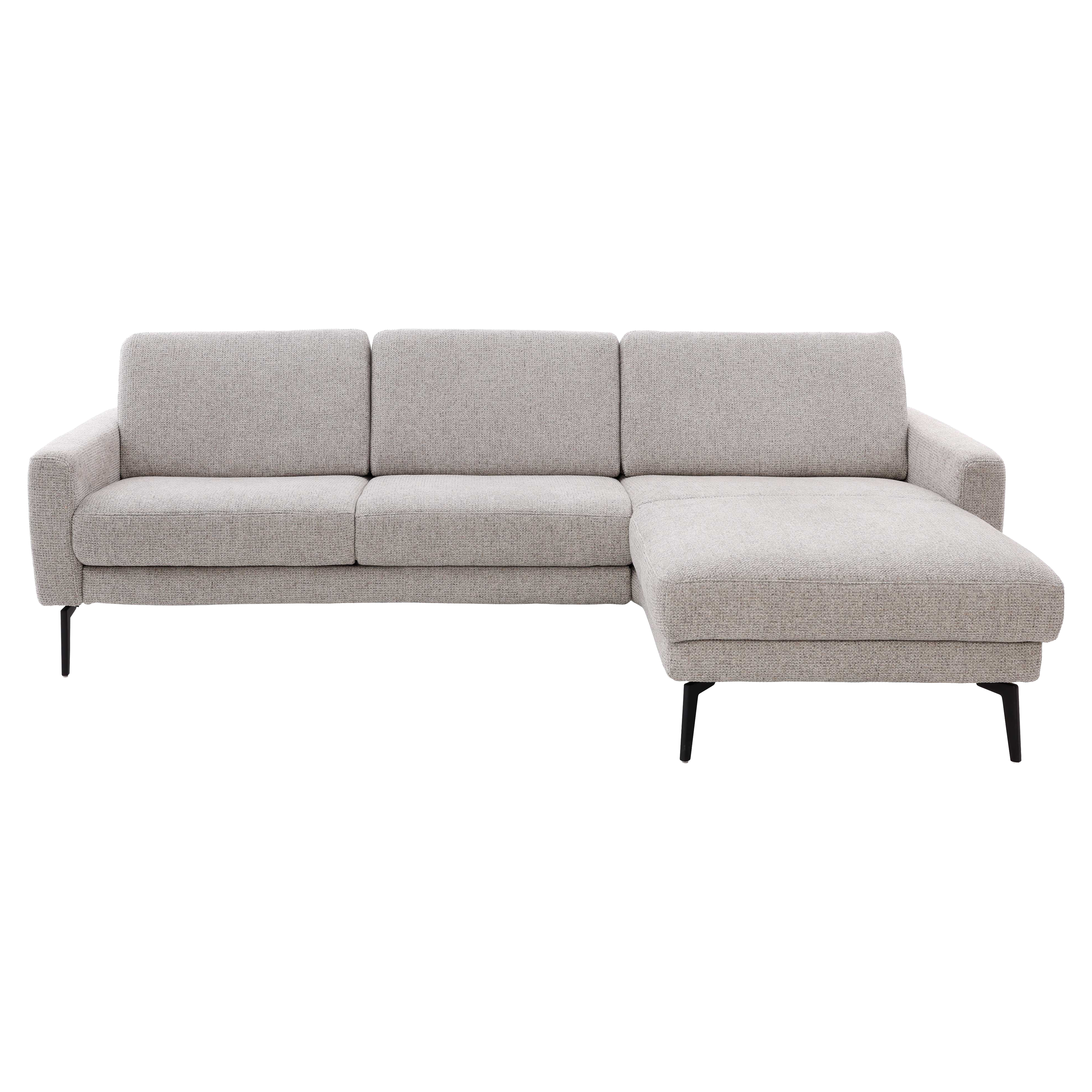 Ecksofa mit grauem Stoffbezug und schwarzen Metallfüßen