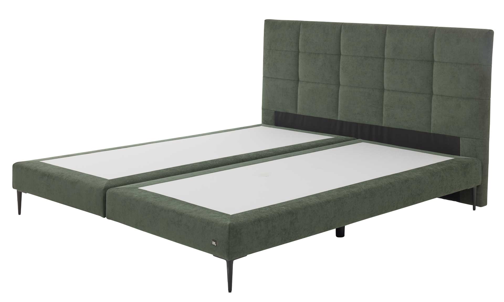 Boxspringbett mit moosgrünem Bezug und schwarzen Metallfüßen