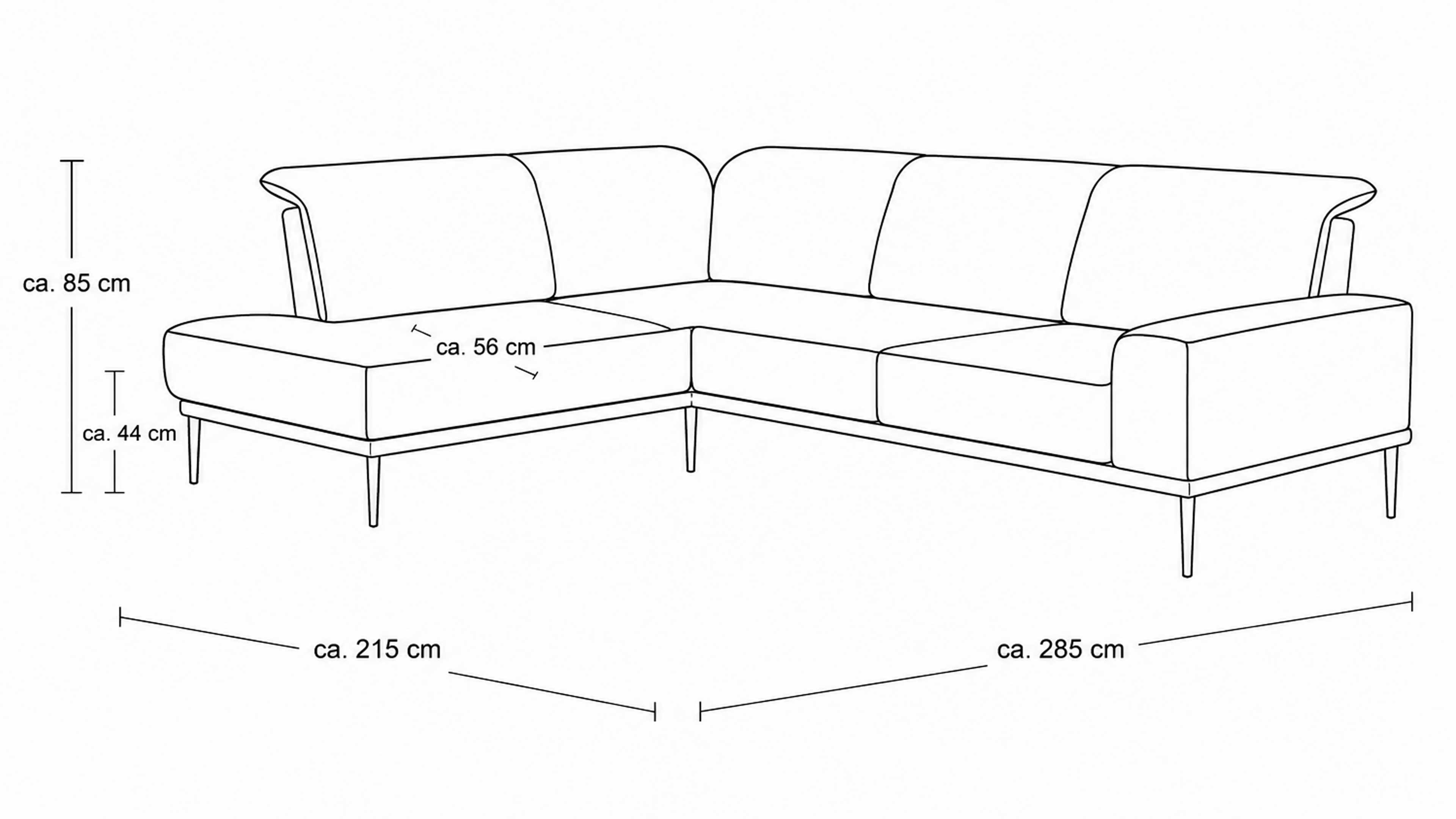 Ecksofa mit dunkelbraunem Stoffbezug und schwarzen Metallfüßen