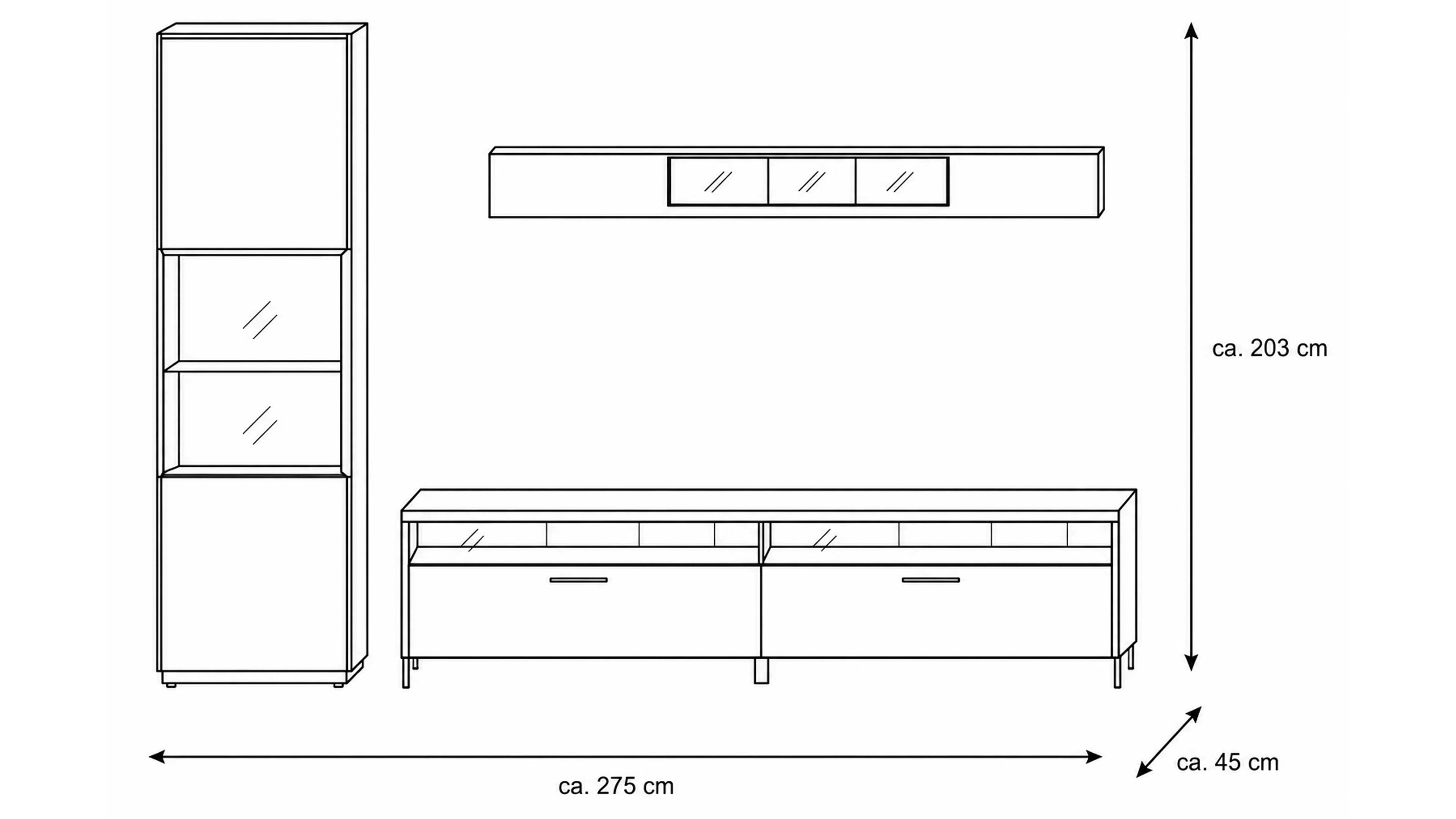 Wohnwand in Wolfram Grey mit Spaltholz-Optik und TV-Lowboard