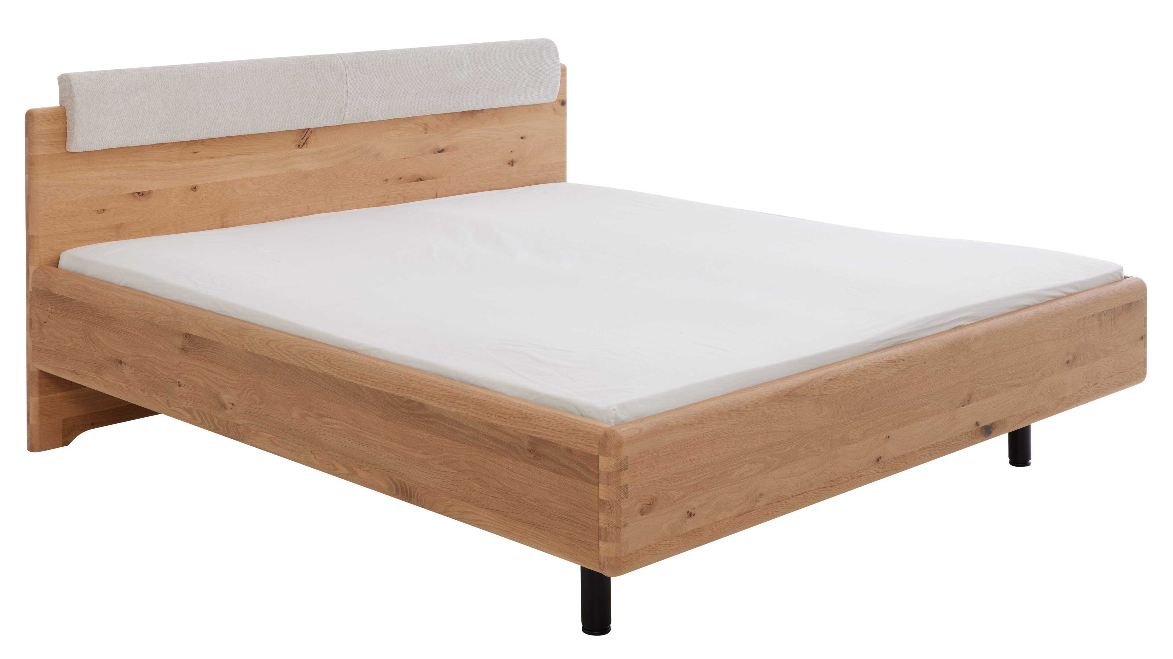 Doppelbett in Wildeiche mit gepolstertem Kopfteil und stabilem Holzrahmen für ein modernes Schlafzimmer
