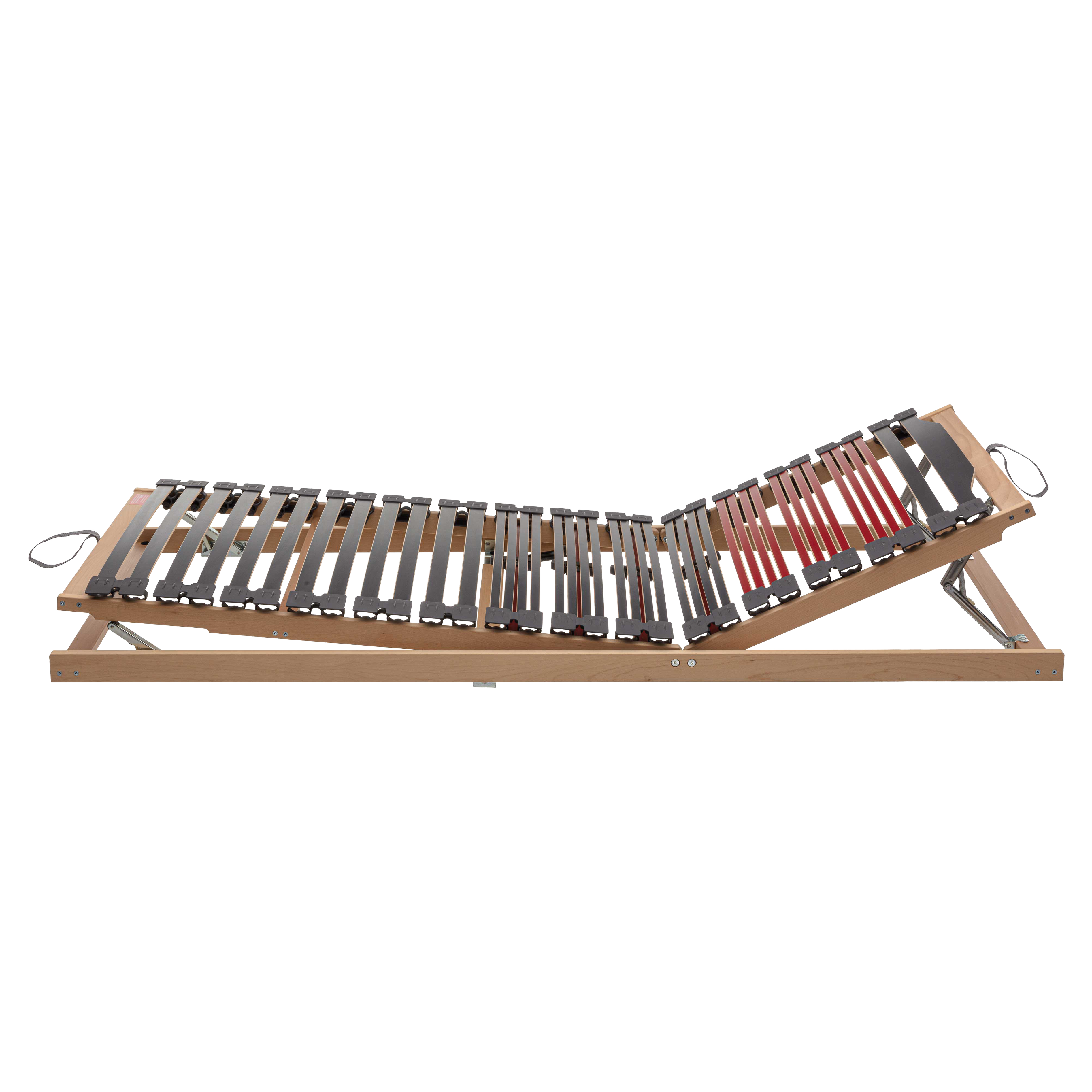 Verstellbarer Lattenrost aus Holz mit schwarzen und roten Federholzleisten, Gelenk im Kopf- und Fußbereich und Metallstützen.