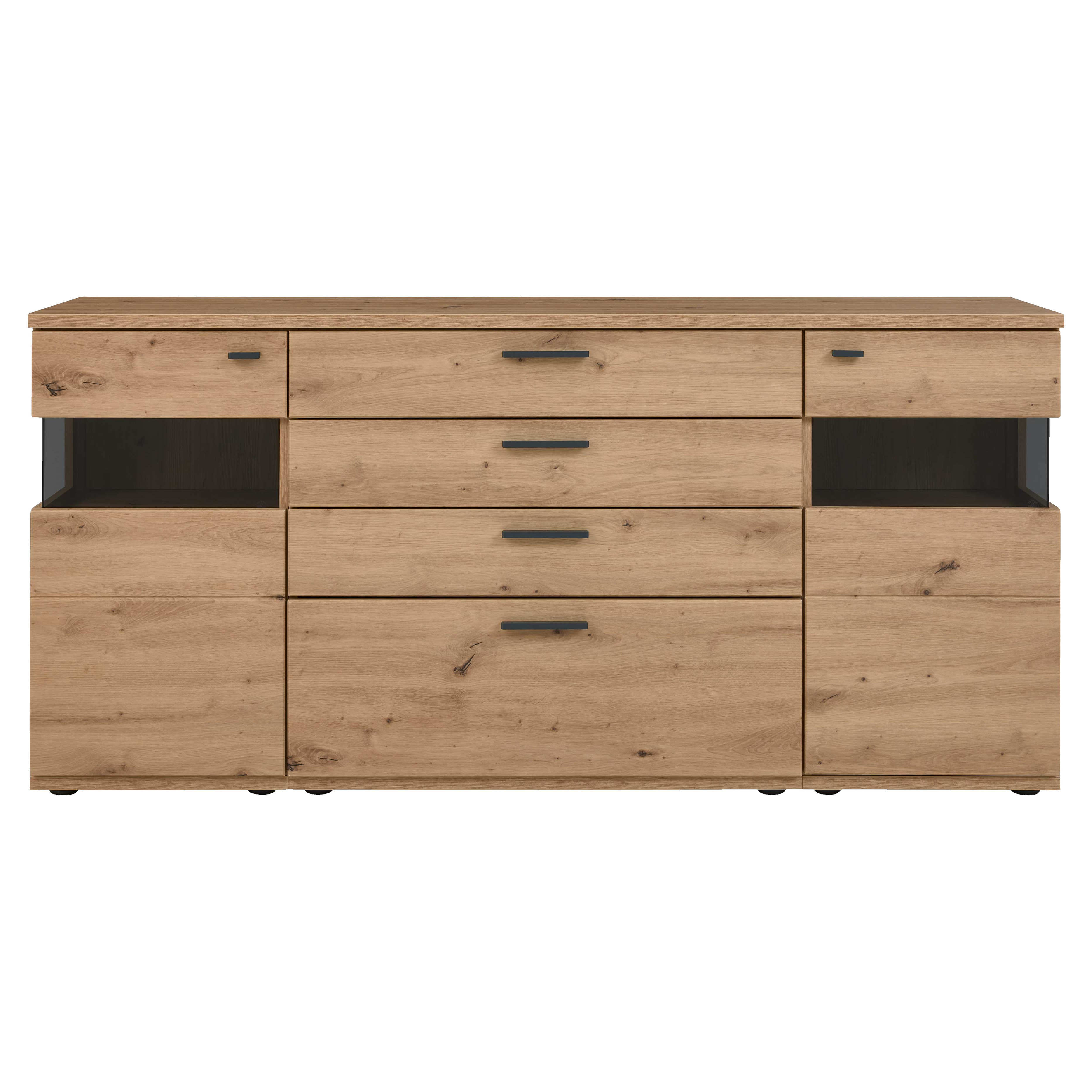 Helles Sideboard in holzfarben mit vier mittleren Schubladen, zwei seitlichen Türen, zwei offenen Fächern und schwarzen Griffen.