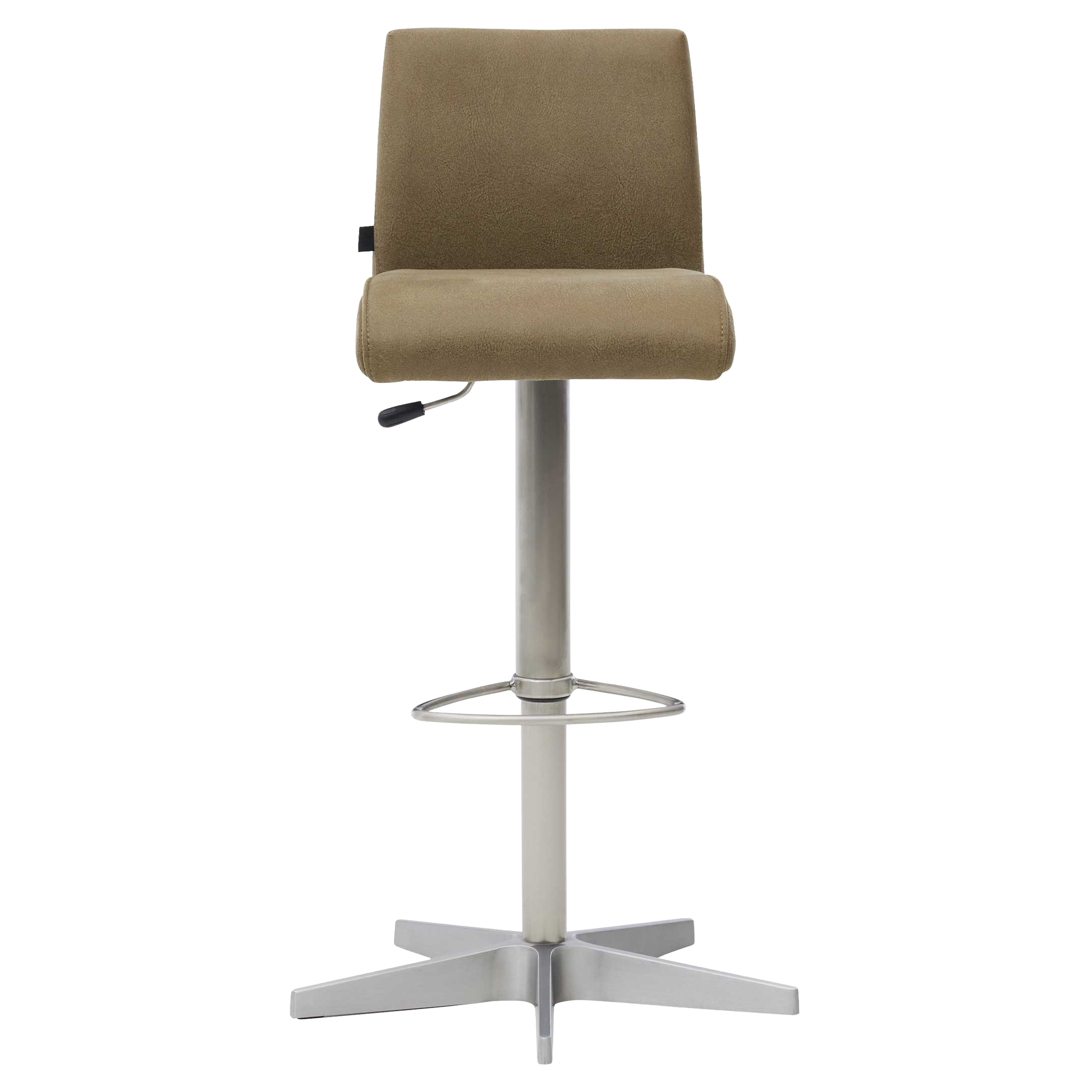 Barhocker mit beige-braunem, gepolstertem Sitz und Rückenlehne, seitlichem Hebel, runder Fußstütze und sternförmiger Metallbasis.