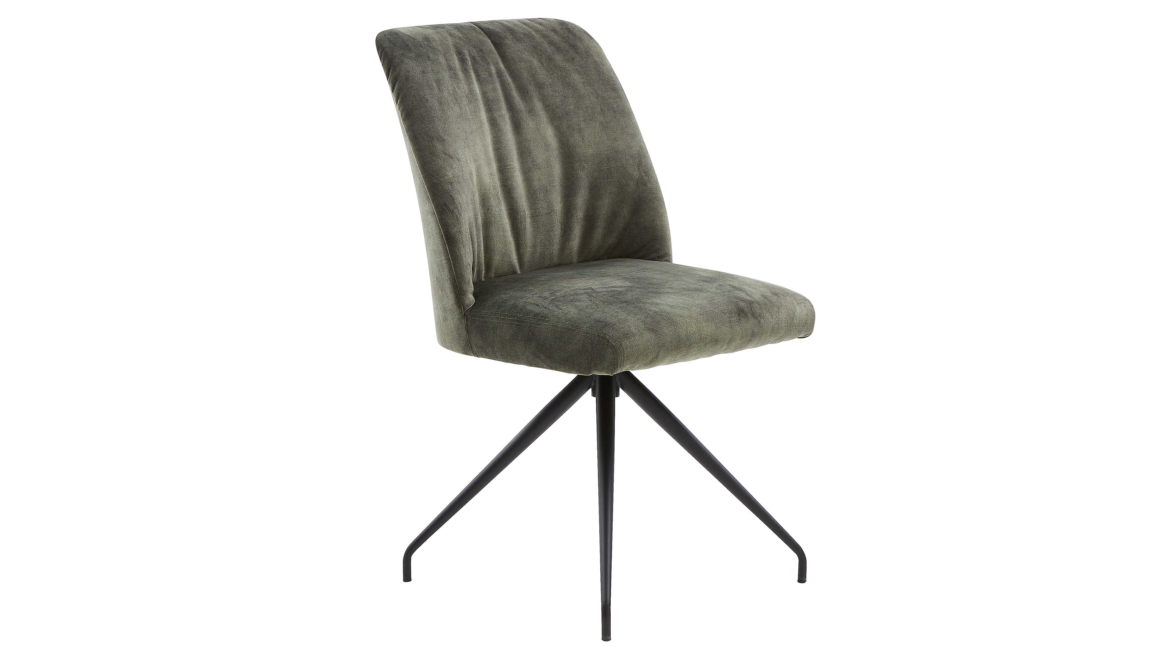 Stuhl mit olivgrünem Bezug, gepolsterter Sitzfläche und geschwungener Rückenlehne mit senkrechten Falten auf vier schwarzen Metallbeinen.
