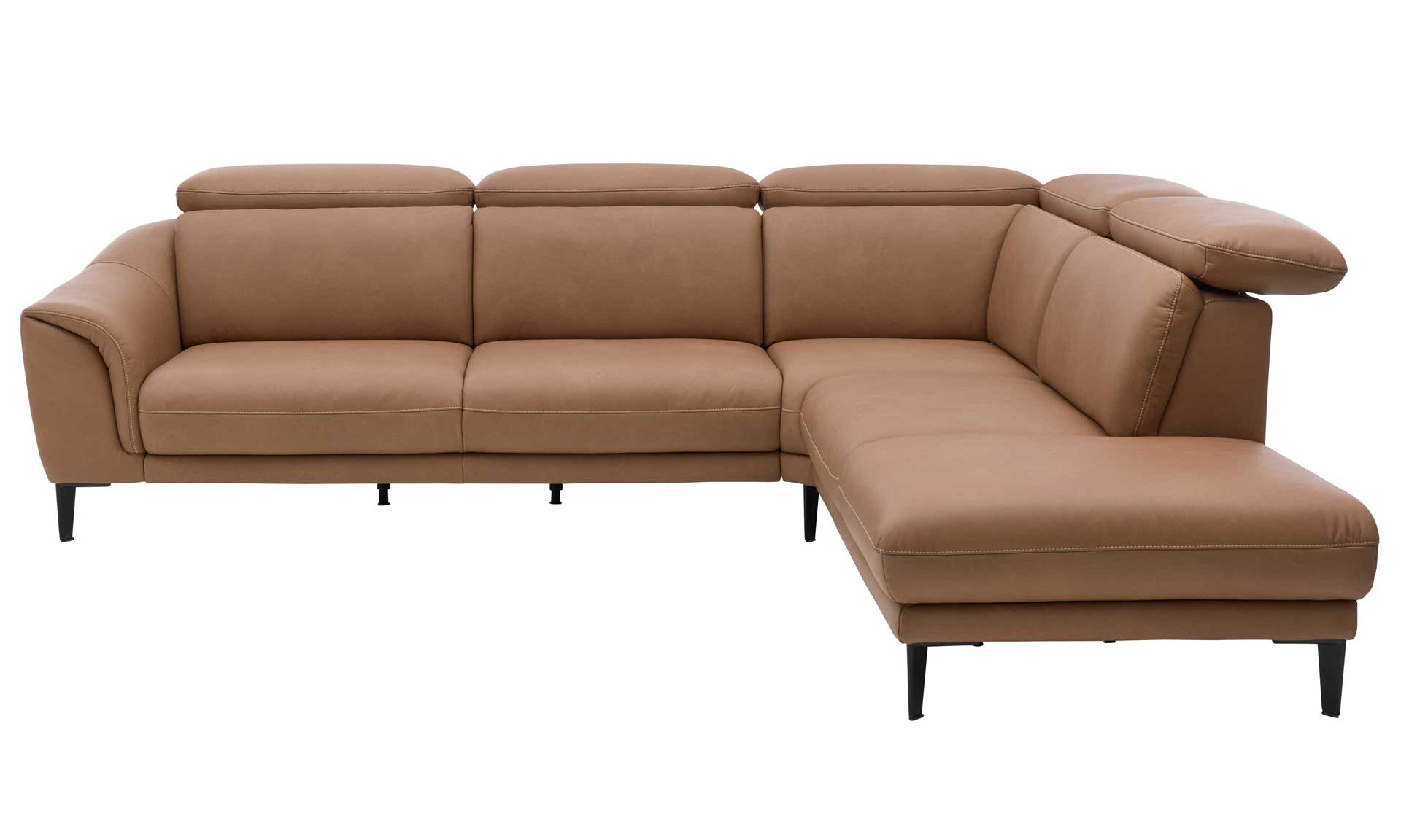 Leder-Ecksofa in Haselnussbraun, mit schwarzen Metallfüßen