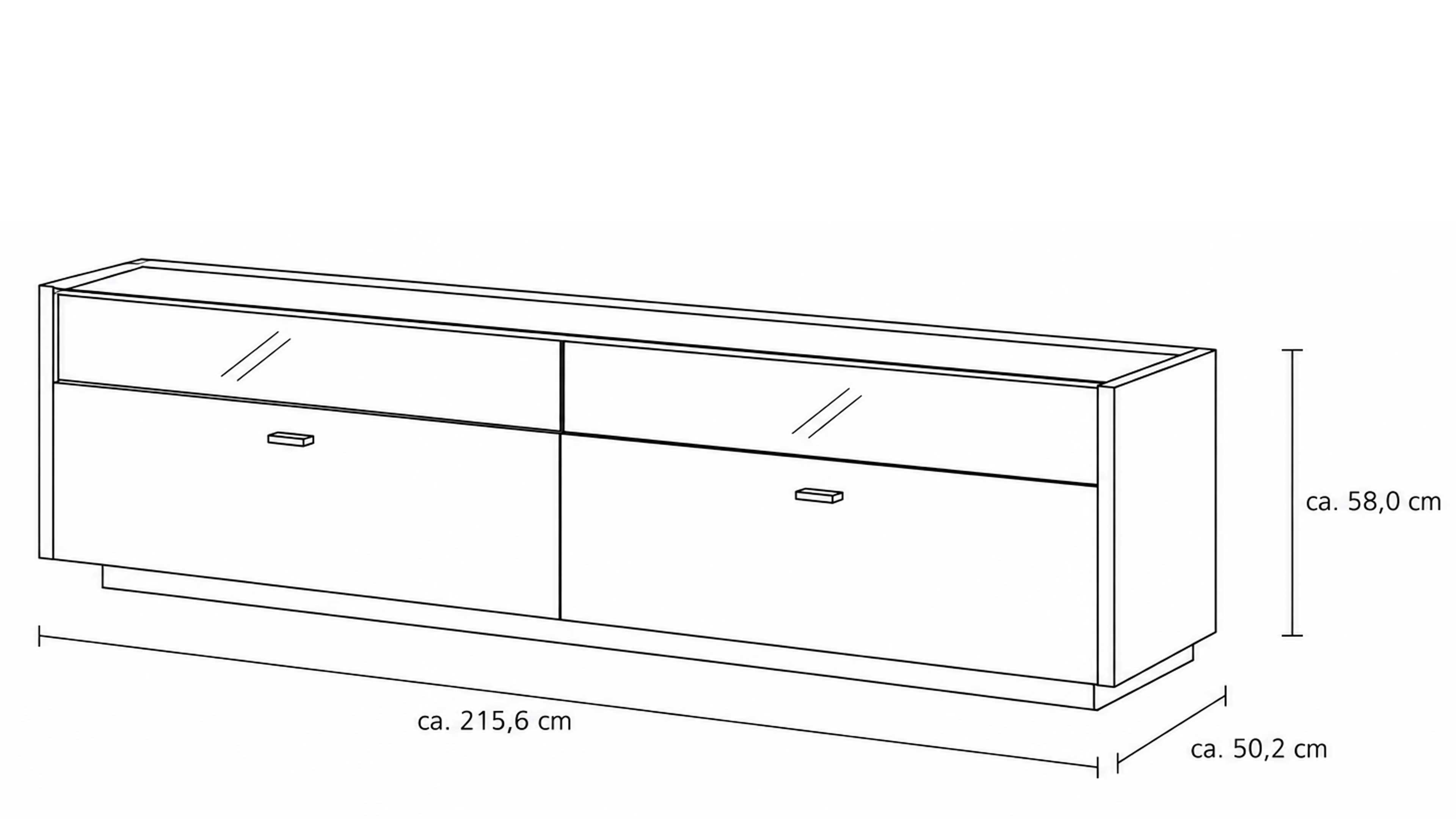 Wohnkombination aus TV-Board, Hängevitrine und Wandregal in Asteiche mit dunklen Glaseinsätzen