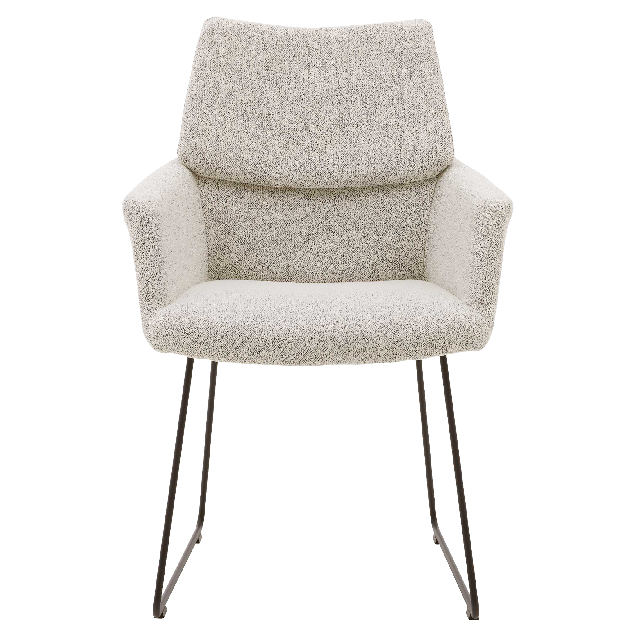 Gepolsterter Sessel in cremefarbener Bouclé-Optik mit hoher Rückenlehne und integrierten Armlehnen, schwarzem Metall-Kufen-Gestell.