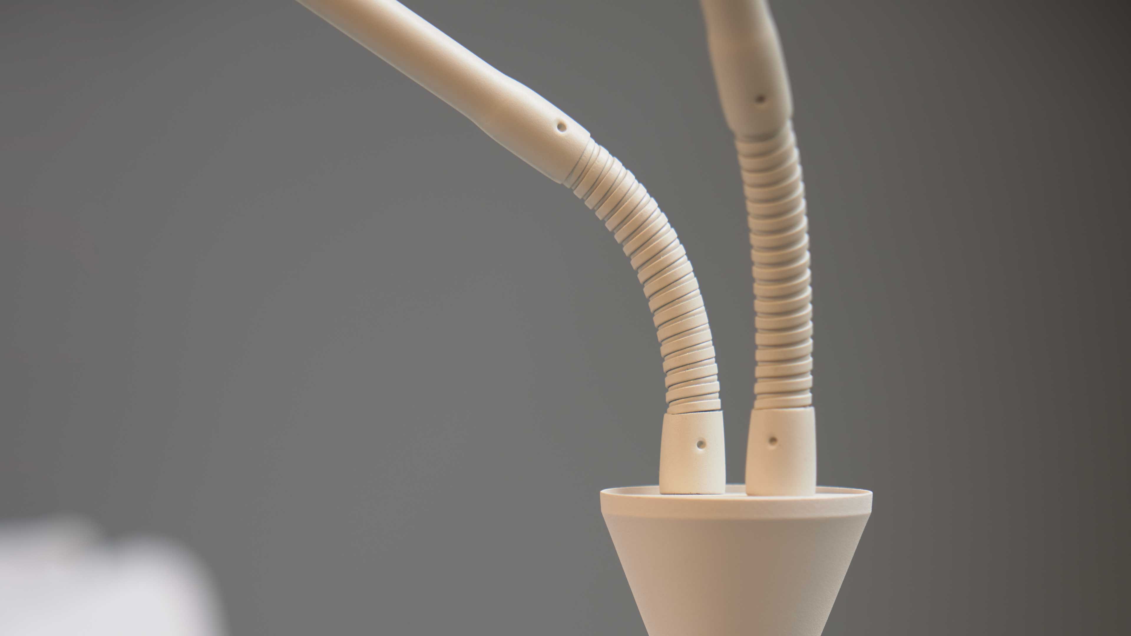Zwei beige flexible Lampenarme mit gerillten Schutzhülsen ragen aus dem konischen Lampenfuß vor grauem Hintergrund.