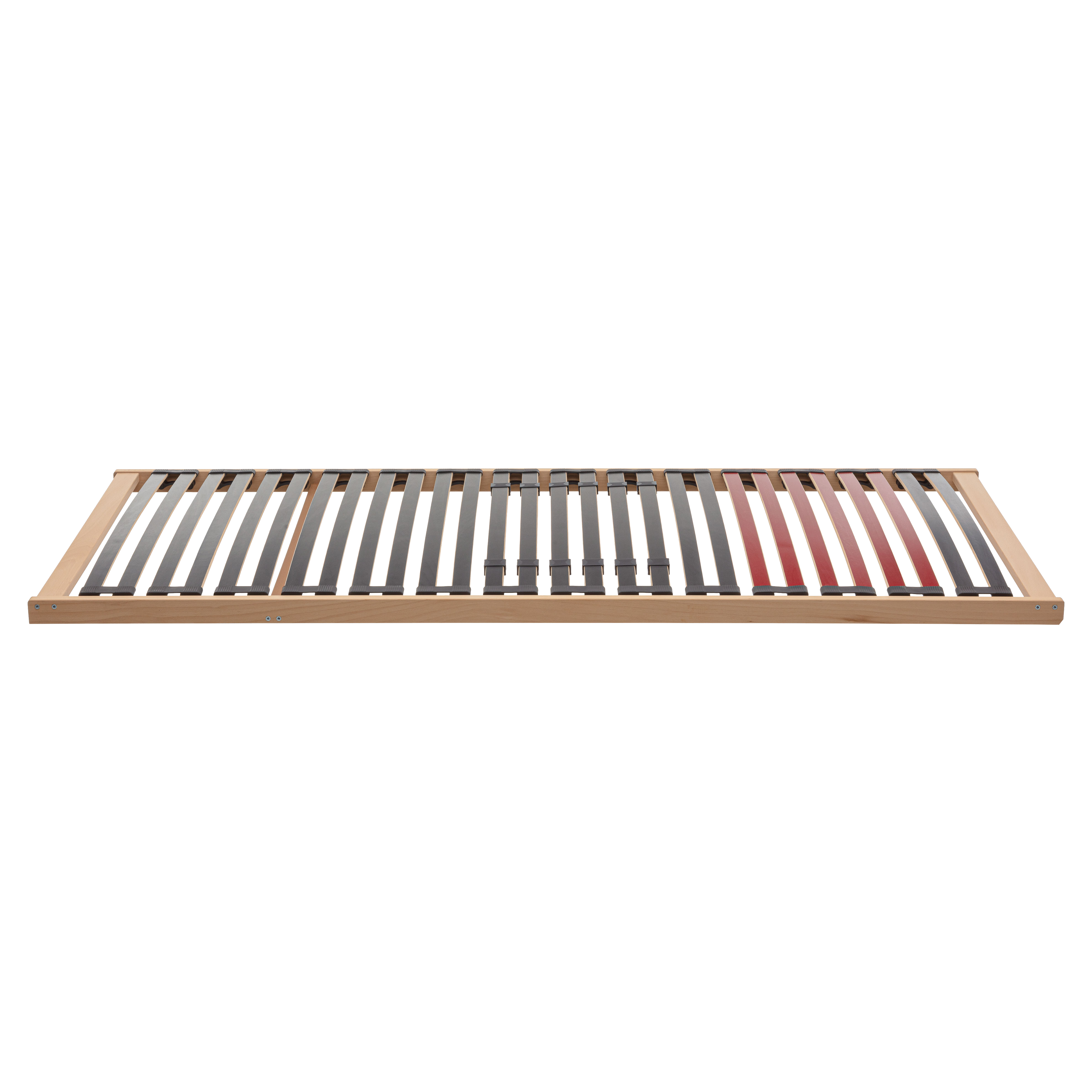 Lattenrost aus hellem Holz mit parallel angeordneten flexiblen schwarzen und roten Federholzleisten sowie verstellbaren Mittelzonen-Clips.