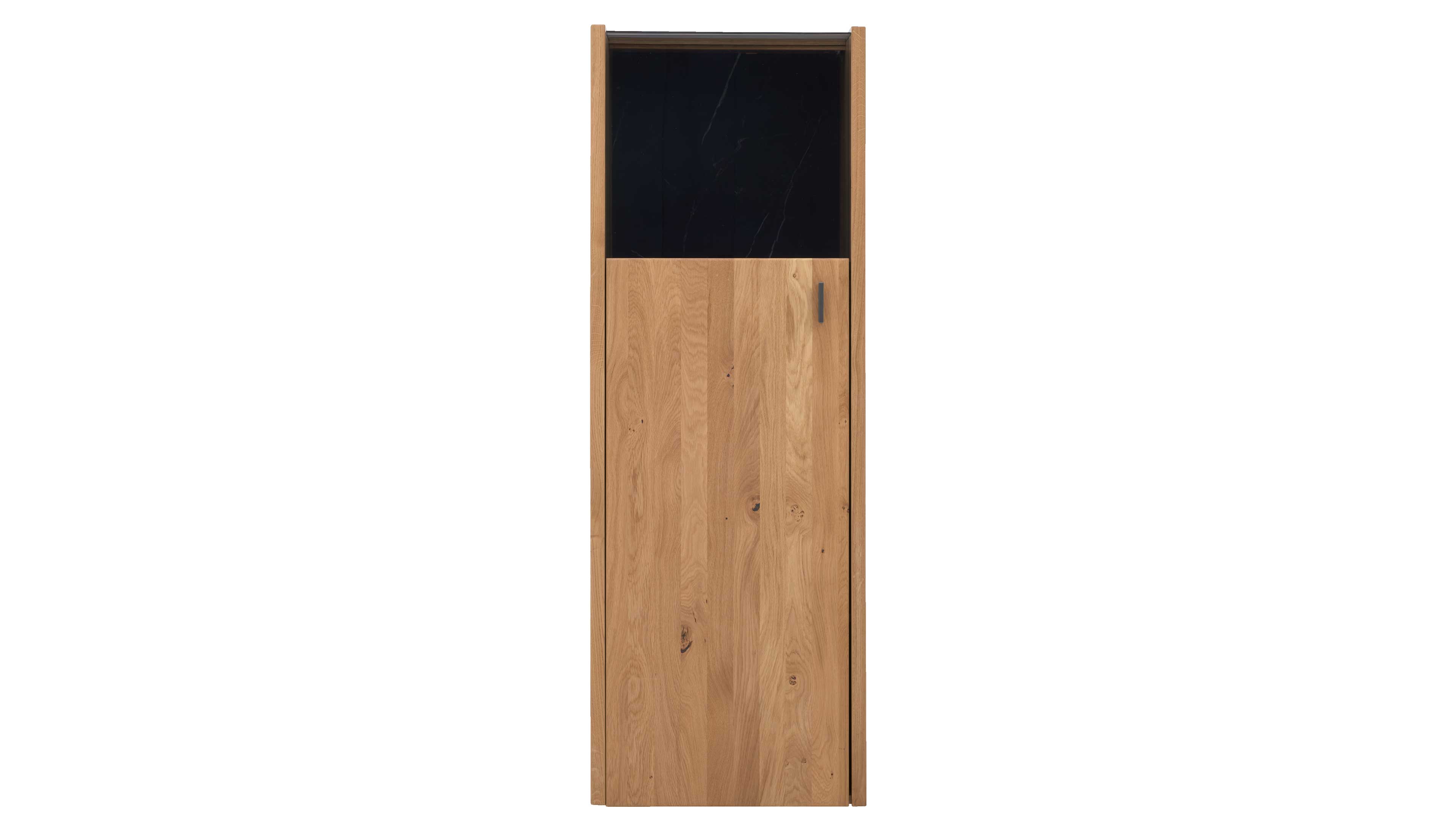 Highboard-Vitrine in Asteiche mit Schwarzglas-Einsatz in der Tür