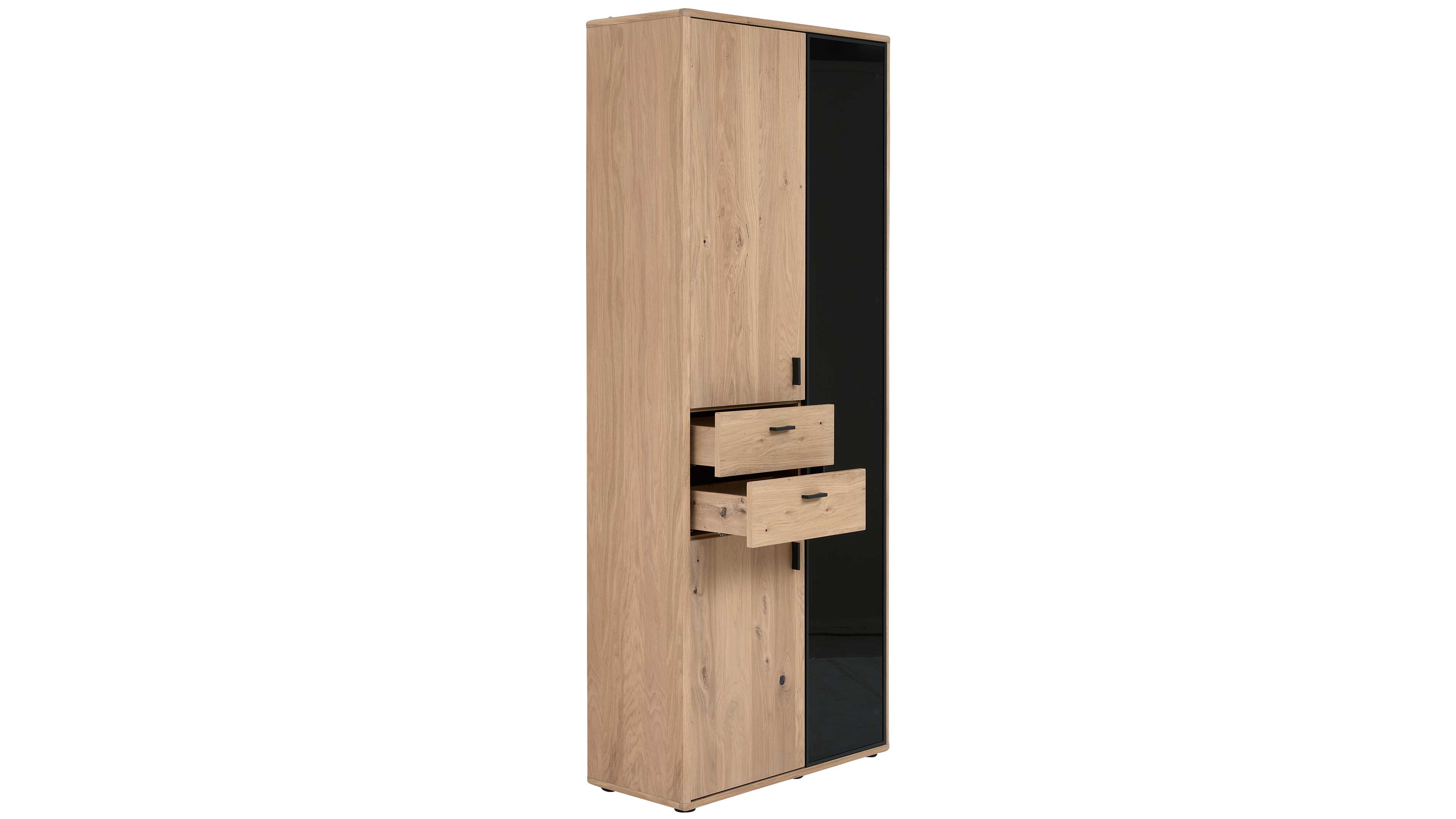 Vitrine mit zwei Türen mit Eichefurnier und Schwarzglastür