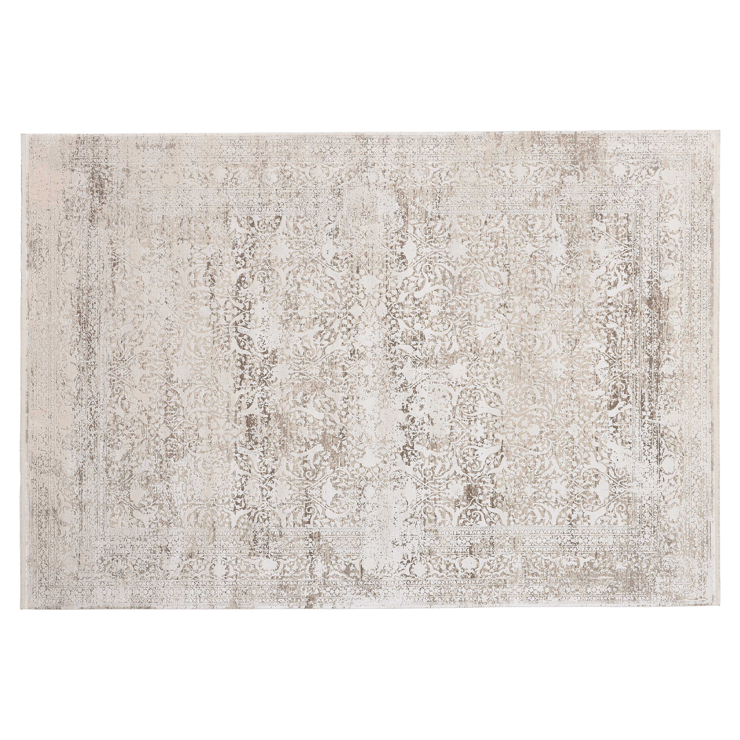 Rechteckiger Teppich mit ornamentalem, gleichmäßig verblasstem Muster und breitem Zierrahmen in Beige, Creme und Grau.