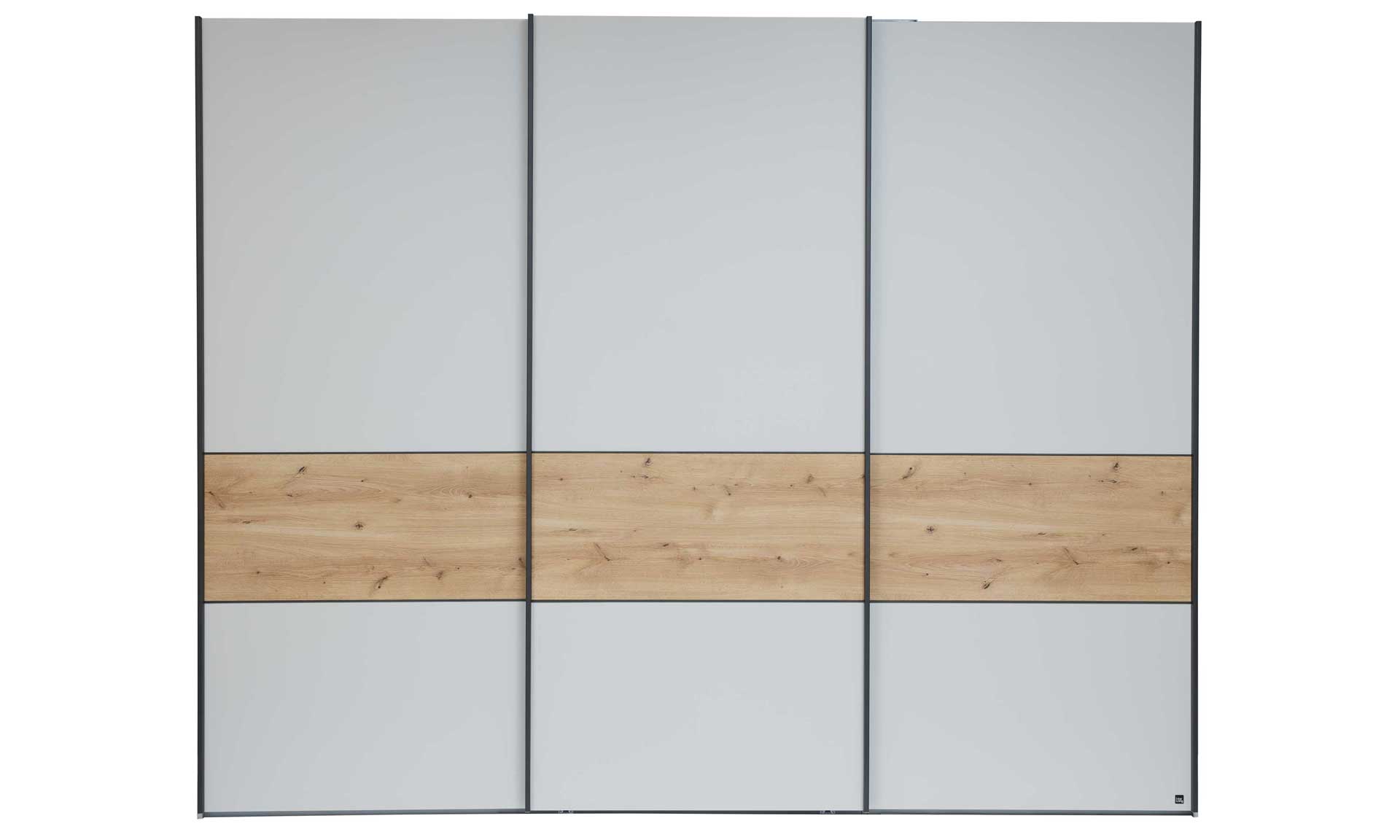 Schwebetürenschrank in Beige-Grau mit Absetzung in Eiche-Nachbildung