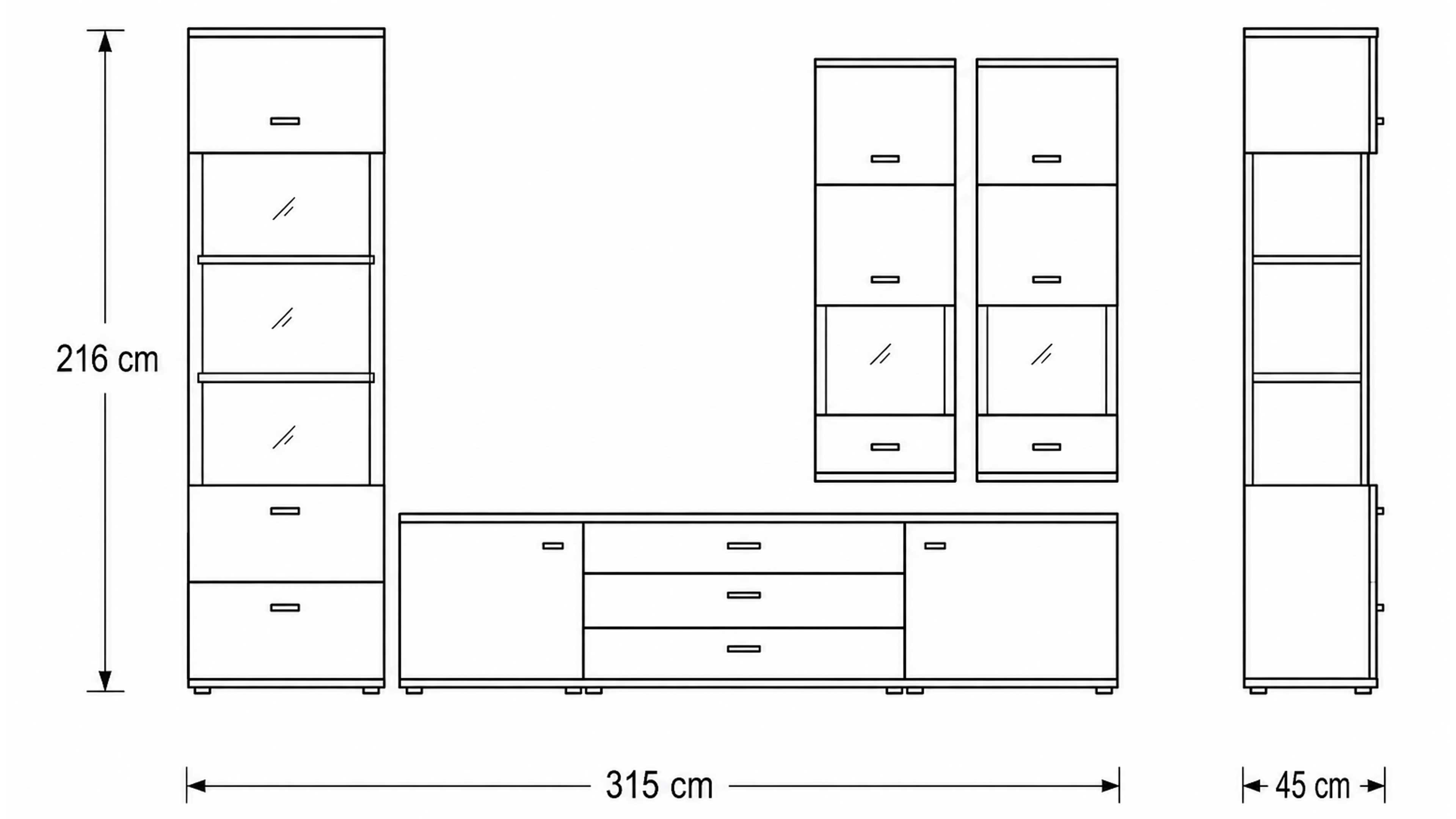 Wohnwand in Naturbuche Dekor mit TV-Lowboard, Vitrine und Hängeschrank mit Glaseinsätzen für modernen Stauraum