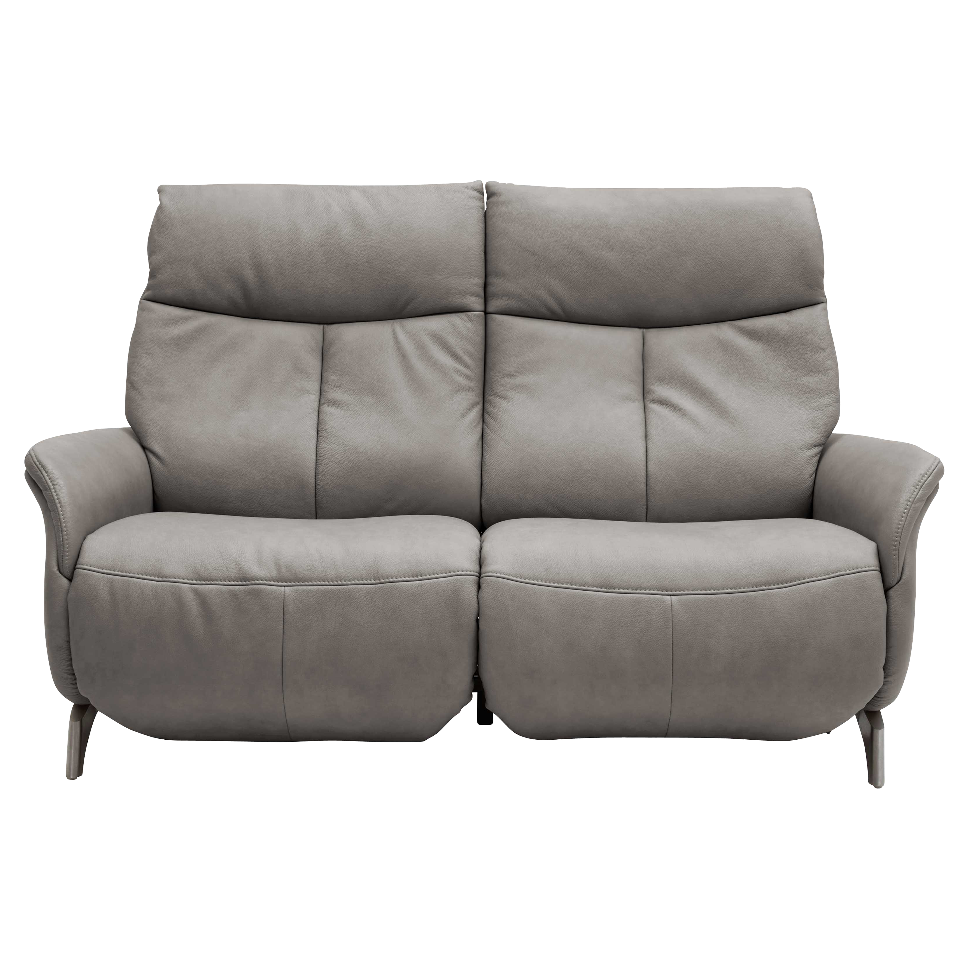 Graues zweiteiliges Sofa mit zwei hohen Rückenlehnen, breiten gepolsterten Sitzflächen, geschwungenen Armlehnen und schlanken Metallfüßen.