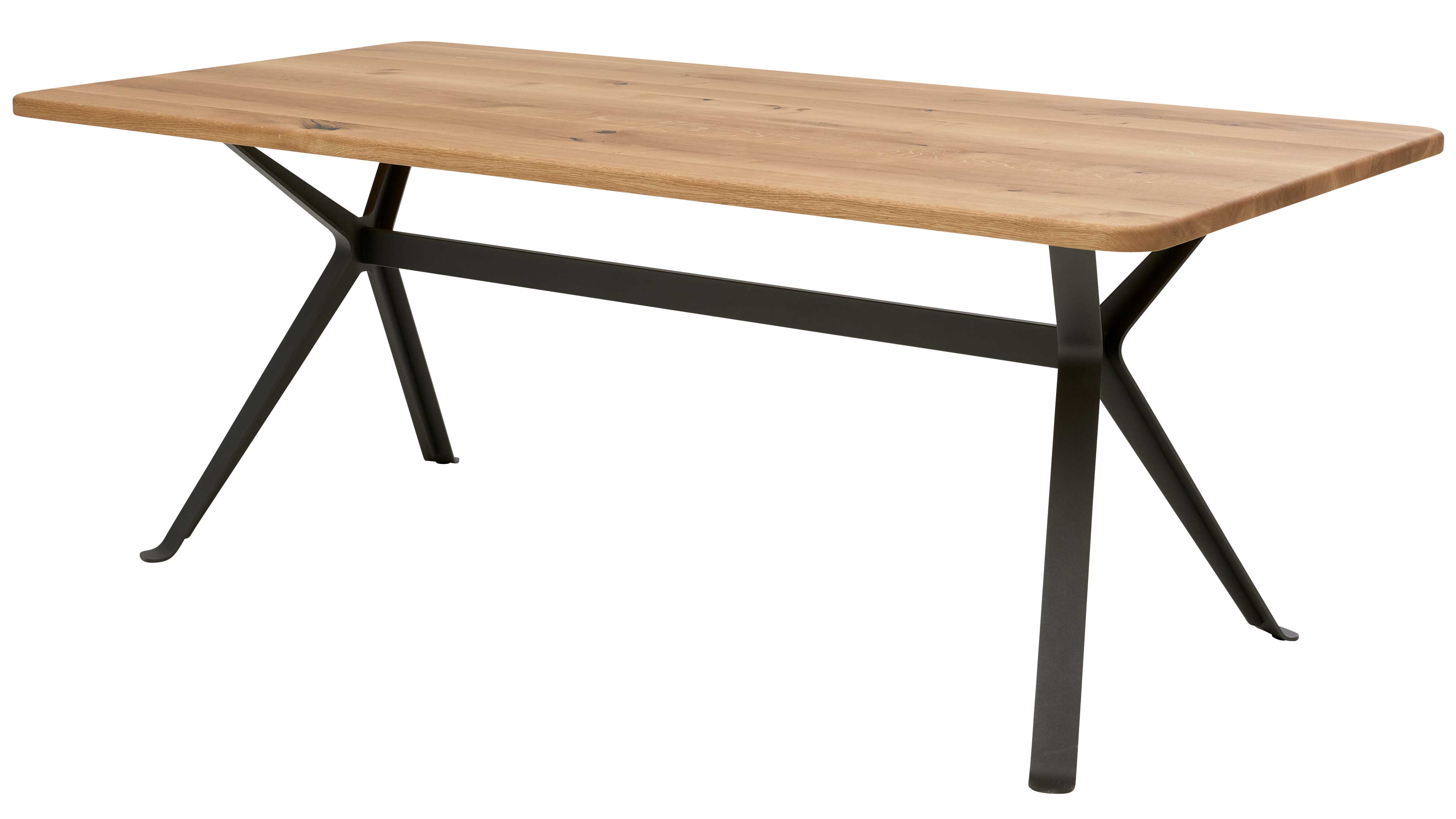 Tisch mit rechteckiger hellbrauner Holzplatte, Astlöchern und abgerundeten Kanten auf schwarzem Metallgestell mit gekreuzten Beinen.