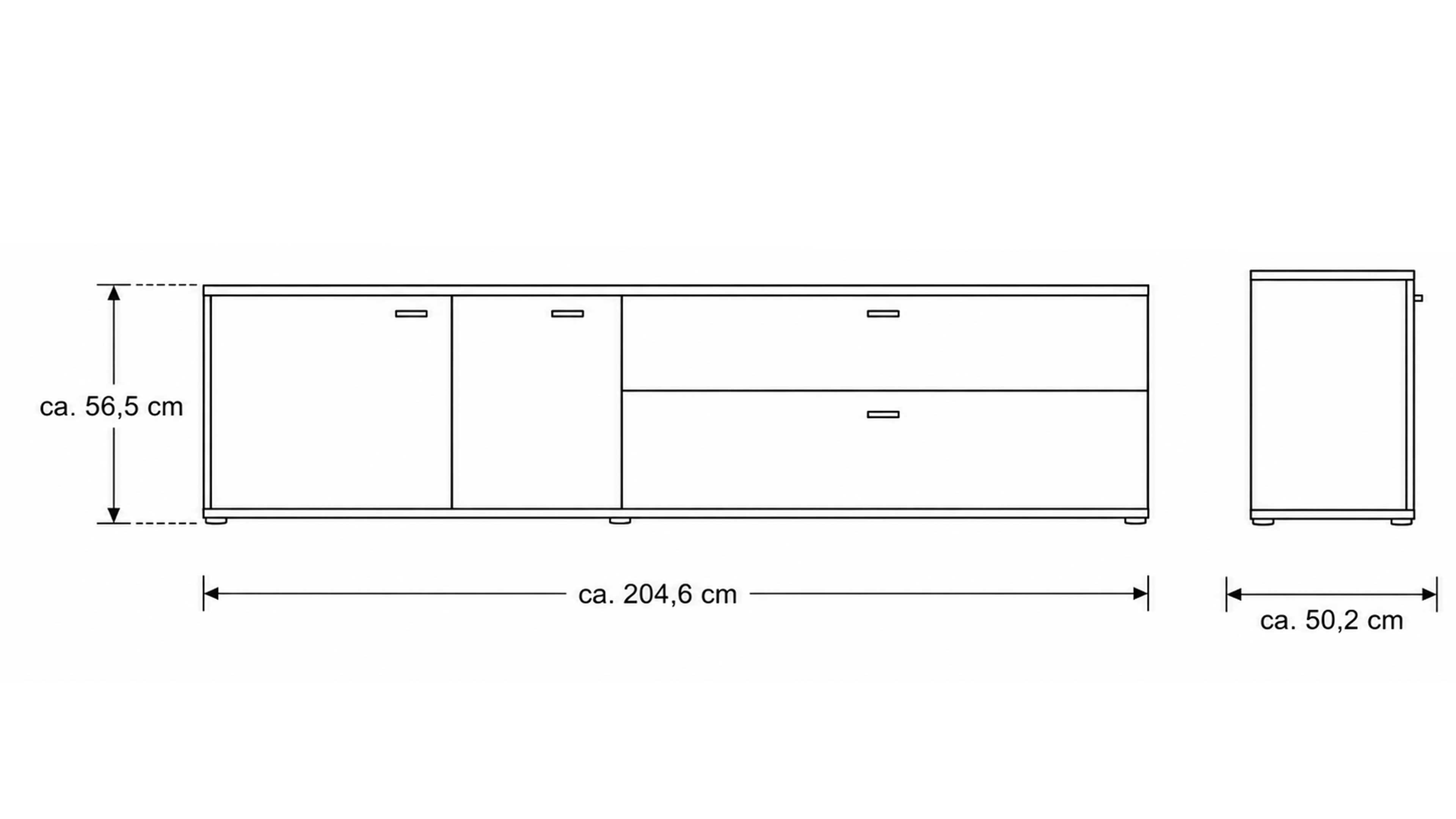 TV-Board, hohe zweitürige Vitrine und Wandregal in Eichefurnier und Schwarzglas