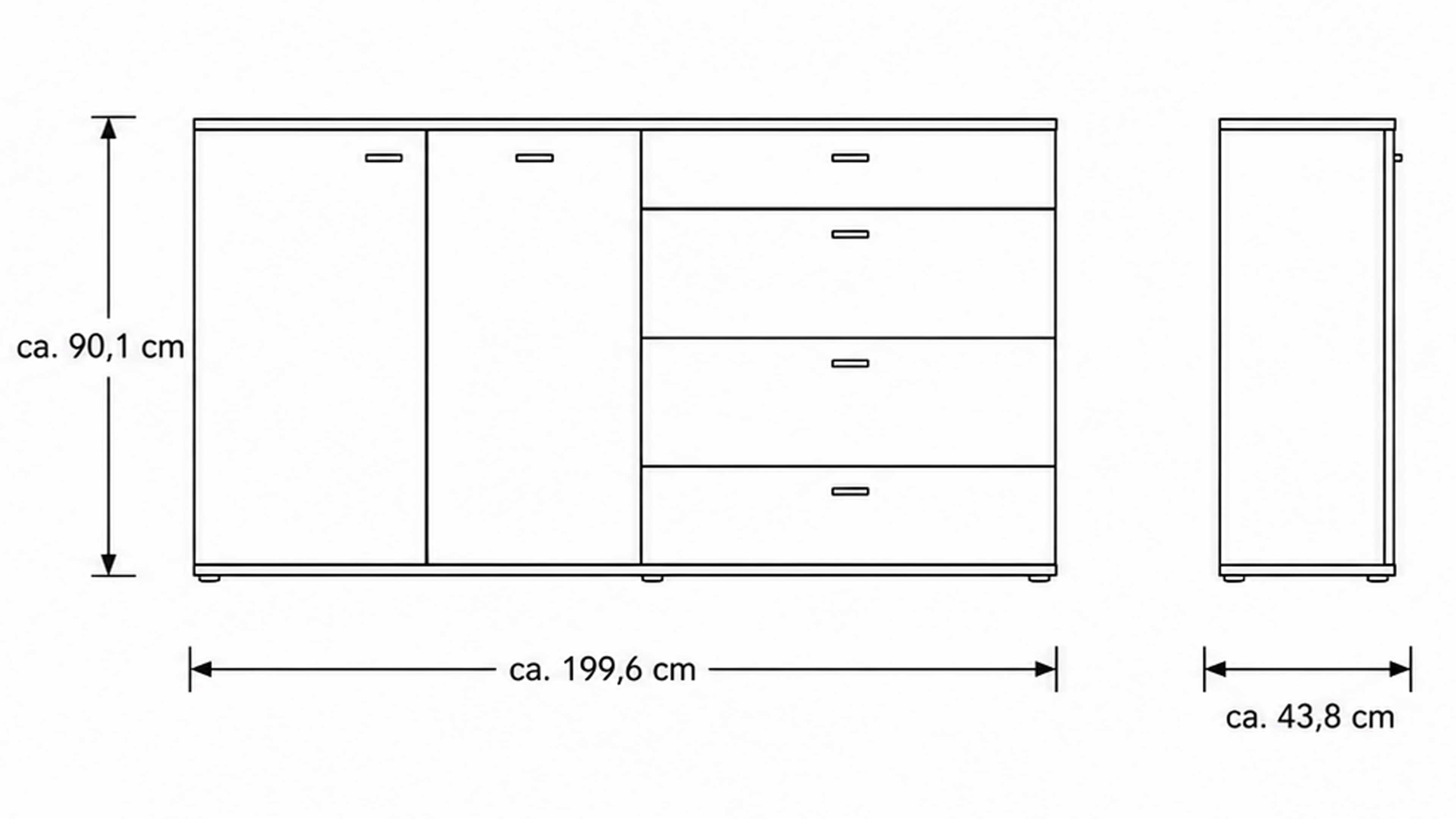 Sideboard mit Eichefurnier und Schwarzglas, zwei Türen und drei Schubladen für Stauraum