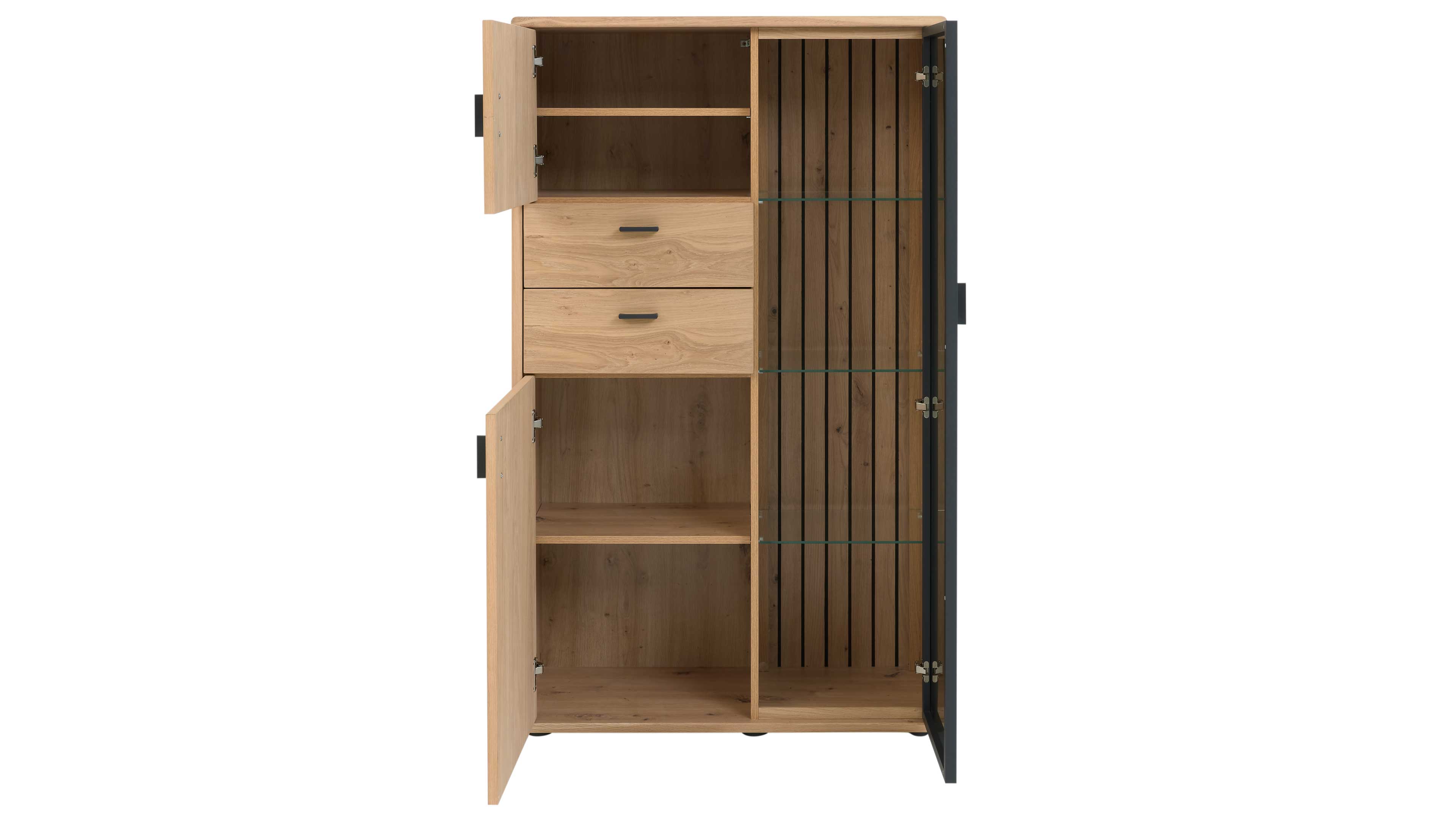 Wohnlösung mit Highboard, TV-Unterteil und Wandpaneel mit Eichefurnier und Schwarzglas