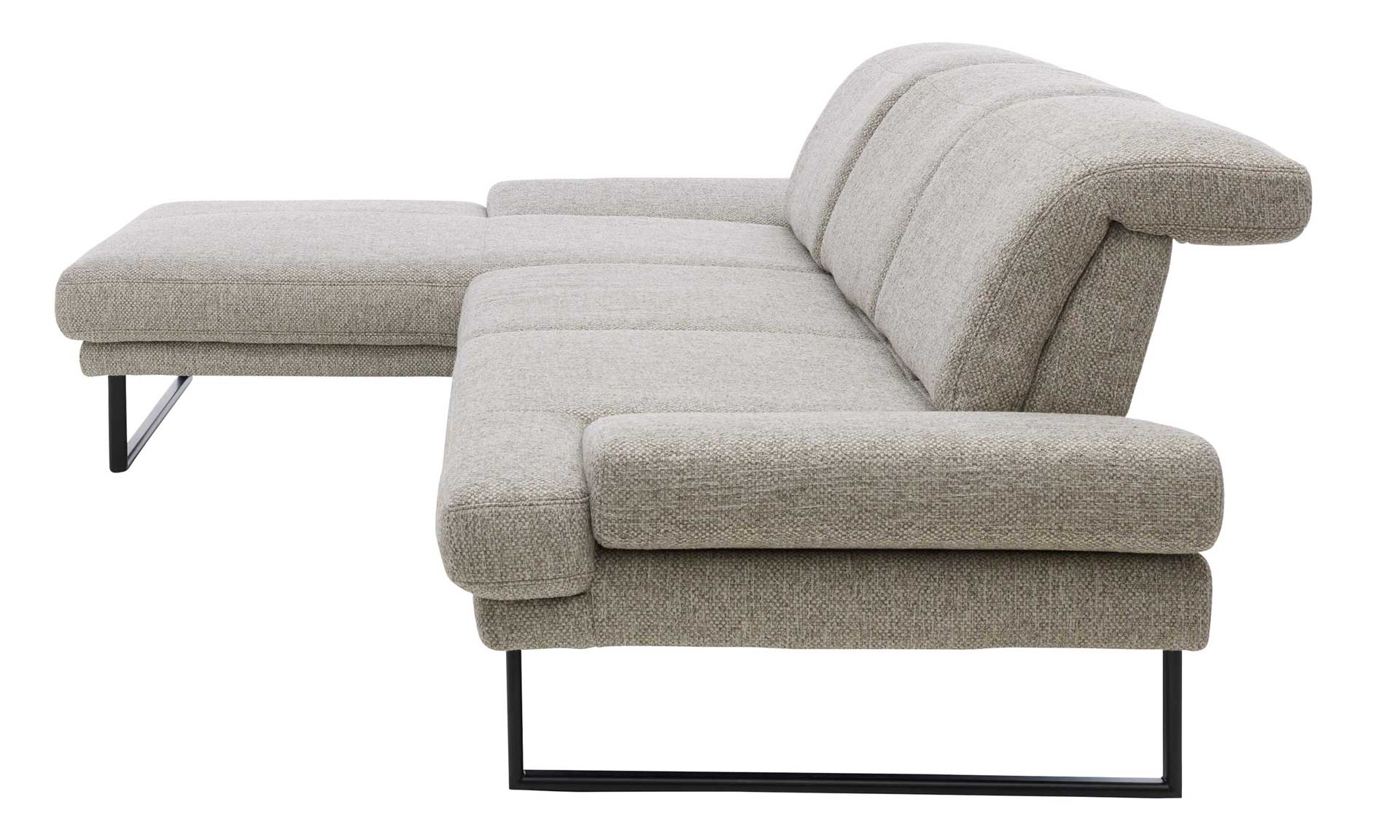 Ecksofa mit runden schwarzen Metallfüßen und Stoff in Silber
