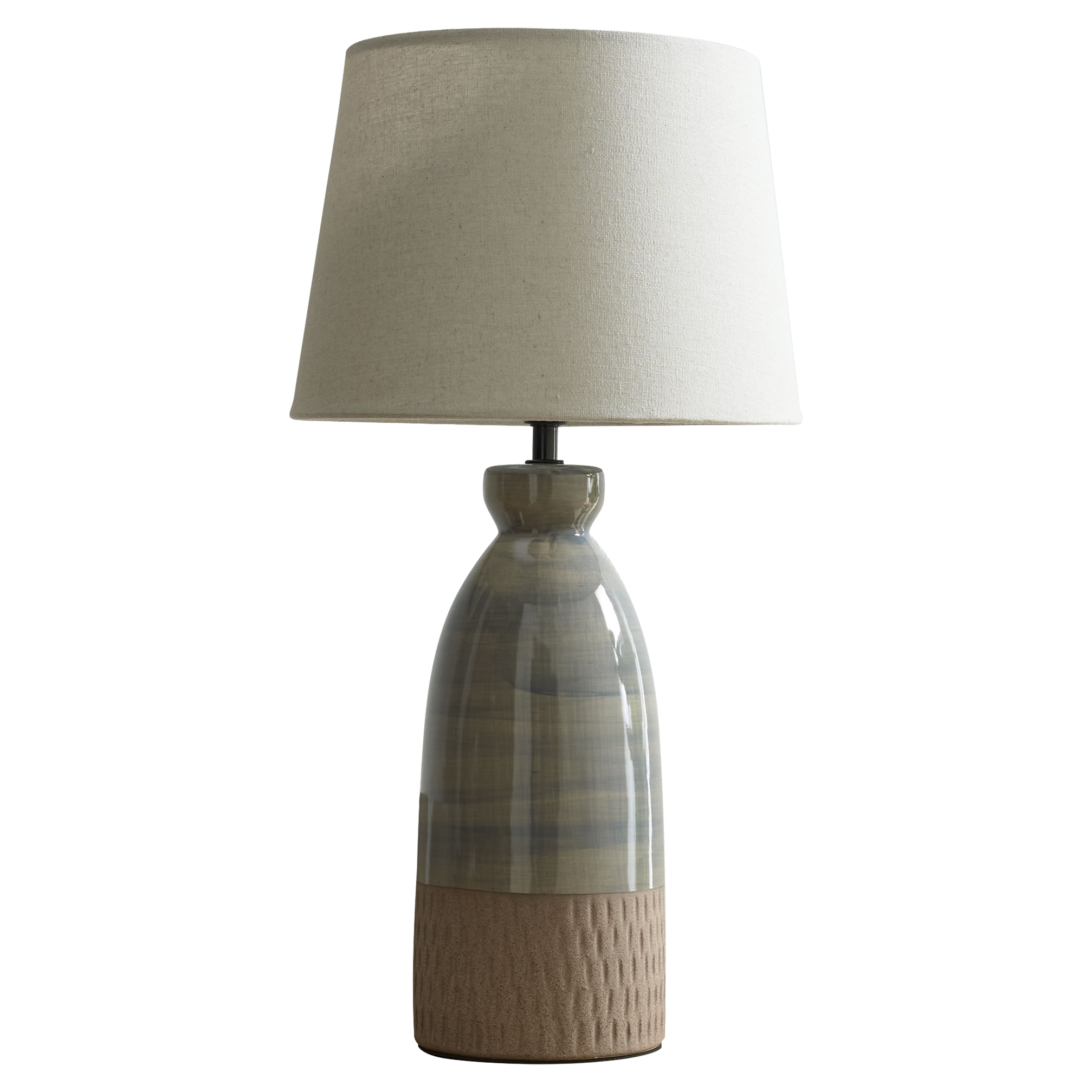 Tischlampe mit hellem beigem Leinenschirm, bauchigem glasiertem graublauem Keramikkorpus und geriffeltem braunem Sockel.