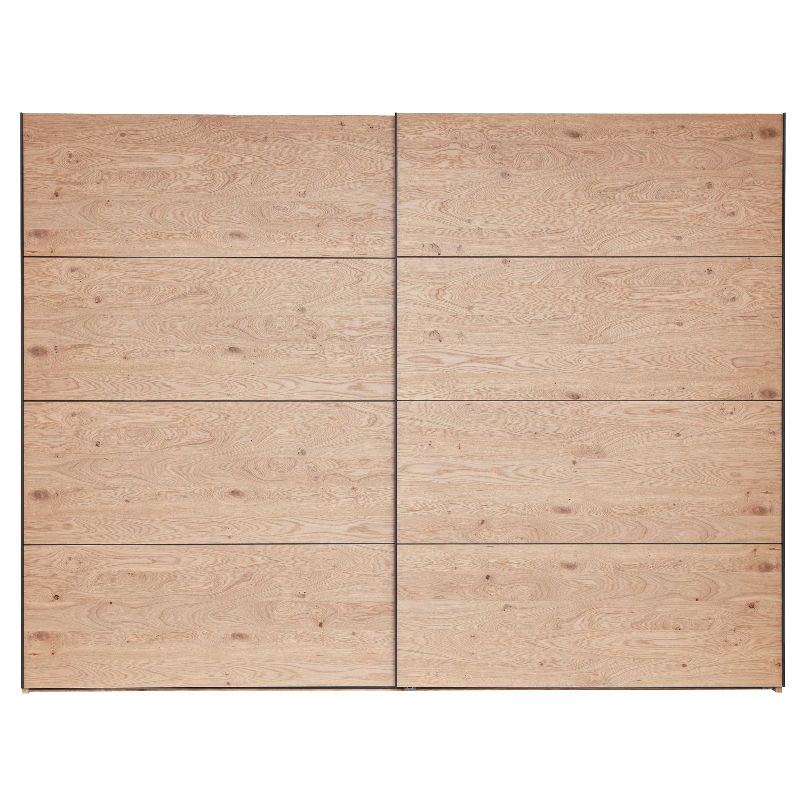 Großer zweitüriger Schrank mit acht flachen Frontplatten aus hellem Eichenholz in zwei Spalten und vier Reihen mit sichtbarer Maserung.