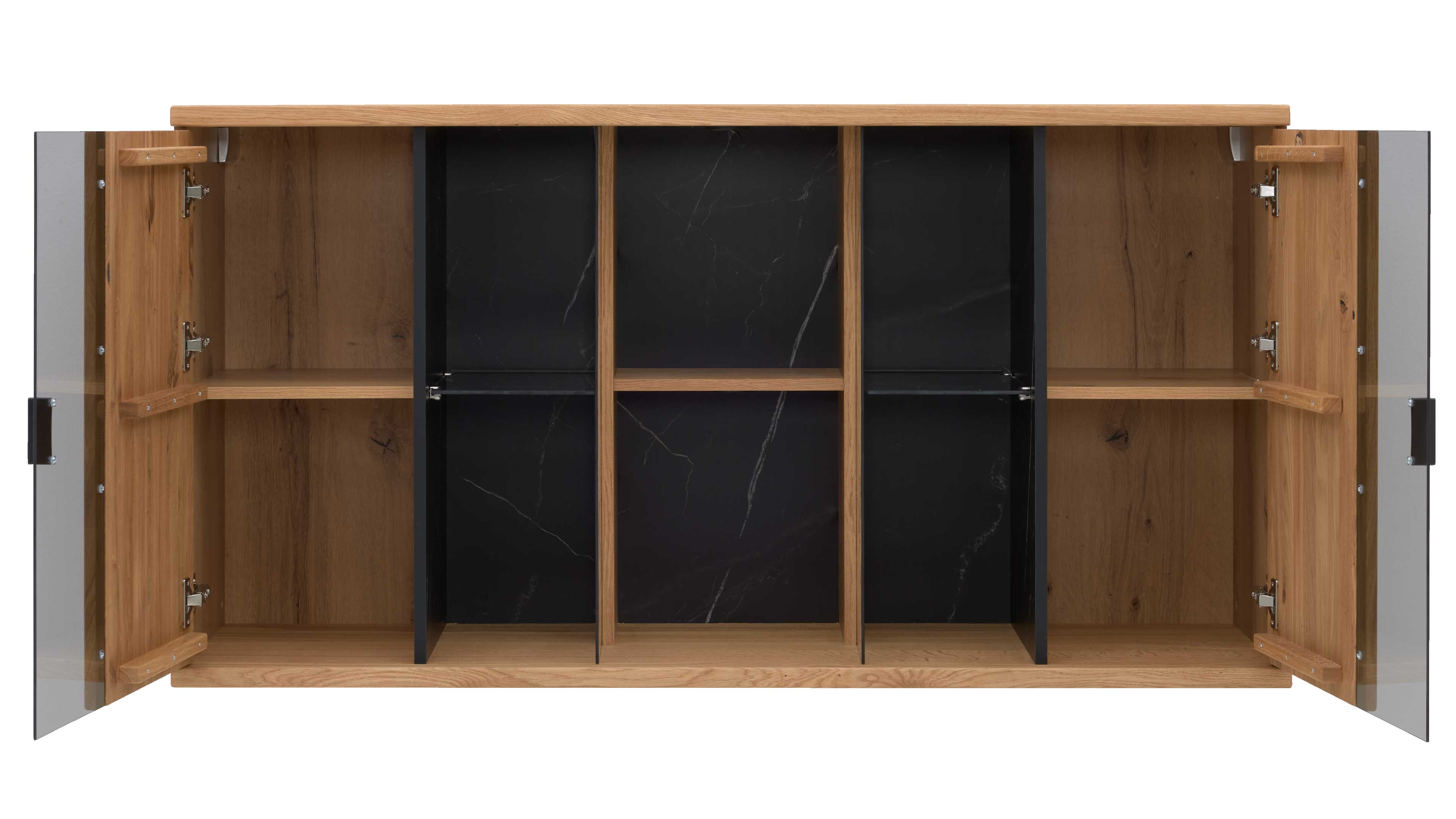 Wohnkombination aus TV-Board, Hängevitrine und Wandregal in Asteiche mit dunklen Glaseinsätzen