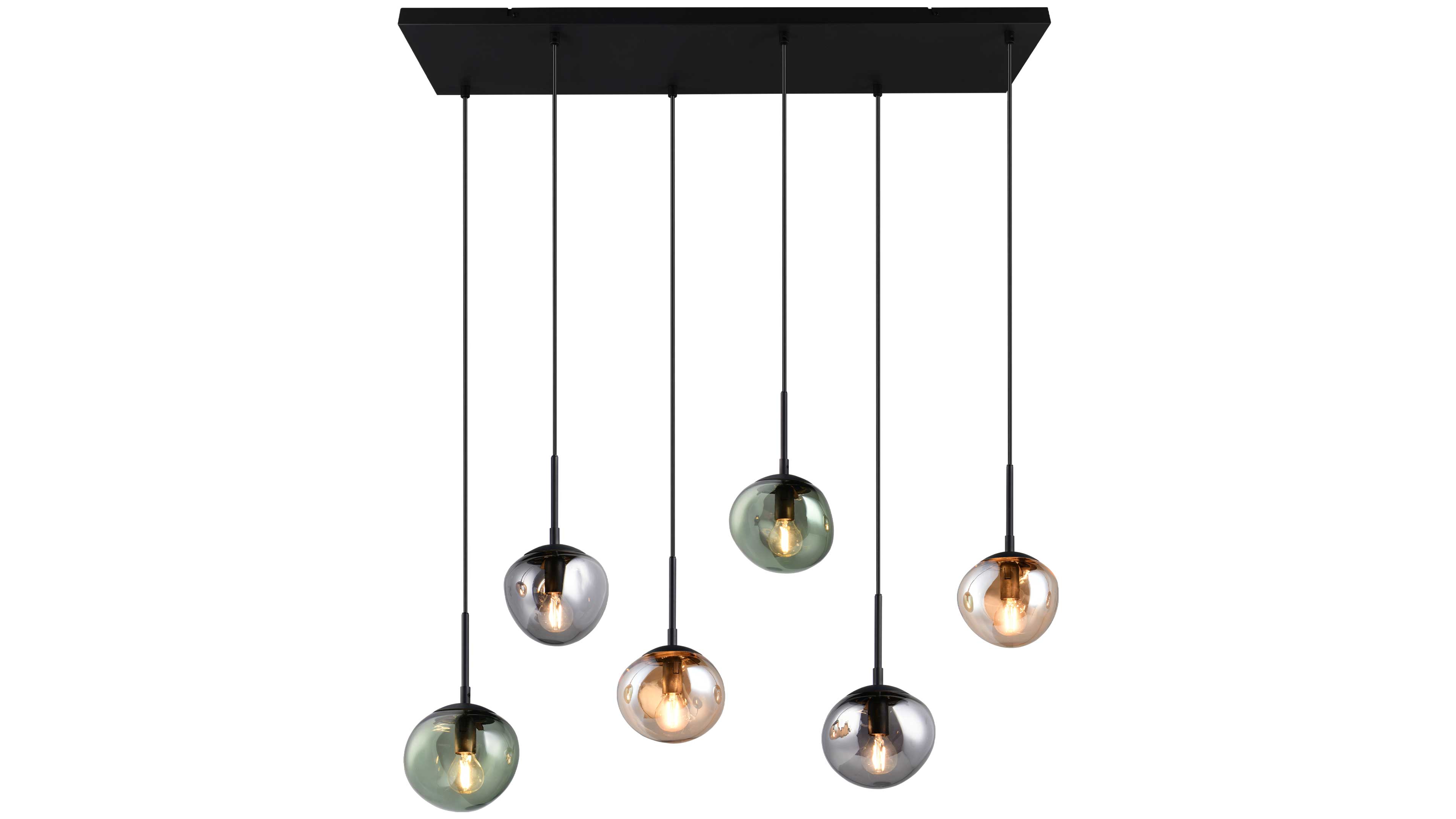 Decke mit rechteckiger schwarzer Montageplatte und sieben hängenden Pendelleuchten, getönte runde Glaslampen an schwarzen Kabeln.