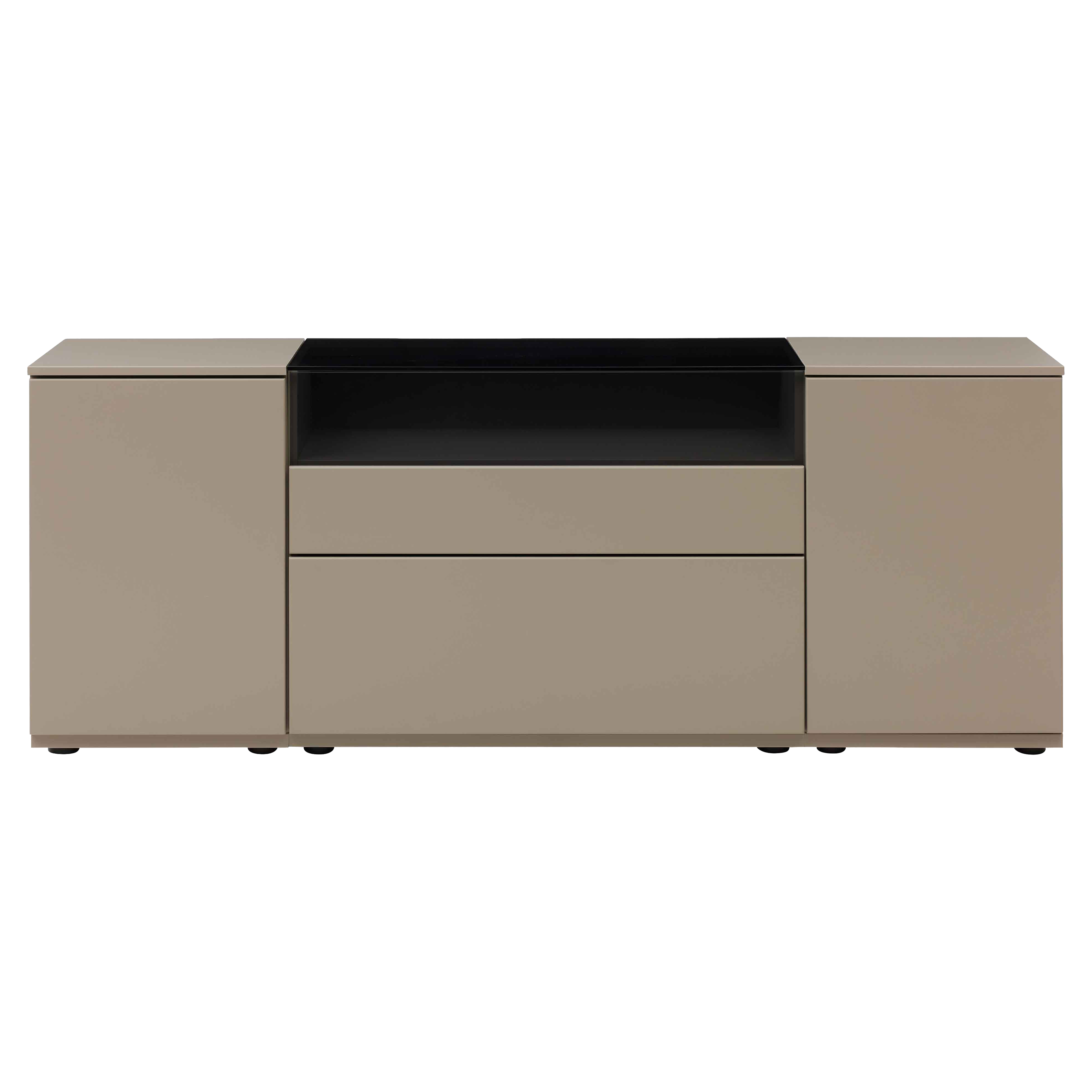 Beige Sideboard mit zwei seitlichen Türen, mittig zwei Schubladen und einem offenen Fach mit schwarzem Innenraum unter dunkler Ablage.