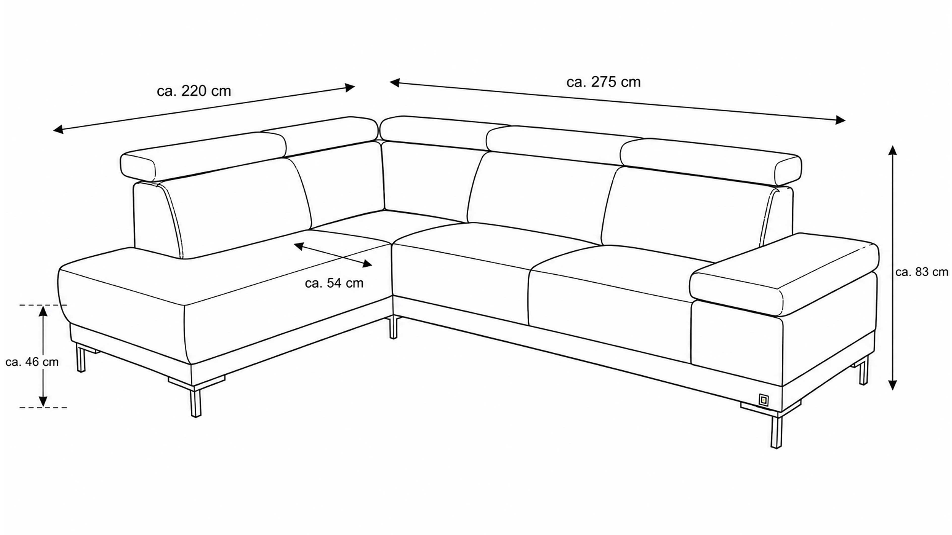 Ecksofa mit dunkelgrauem Stoffbezug und glänzenden Metallfüßen