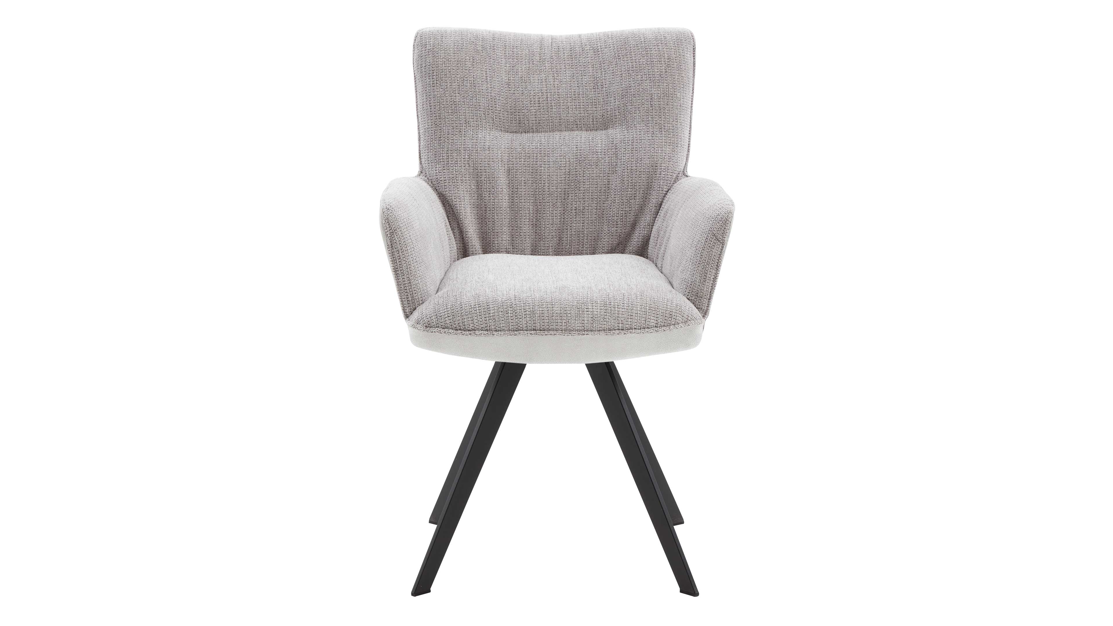 Polsterstuhl mit hellgrauem, strukturiertem Bezug, gepolstertem Sitz und Armlehnen, hohem Rücken und vier schrägen schwarzen Metallbeinen.