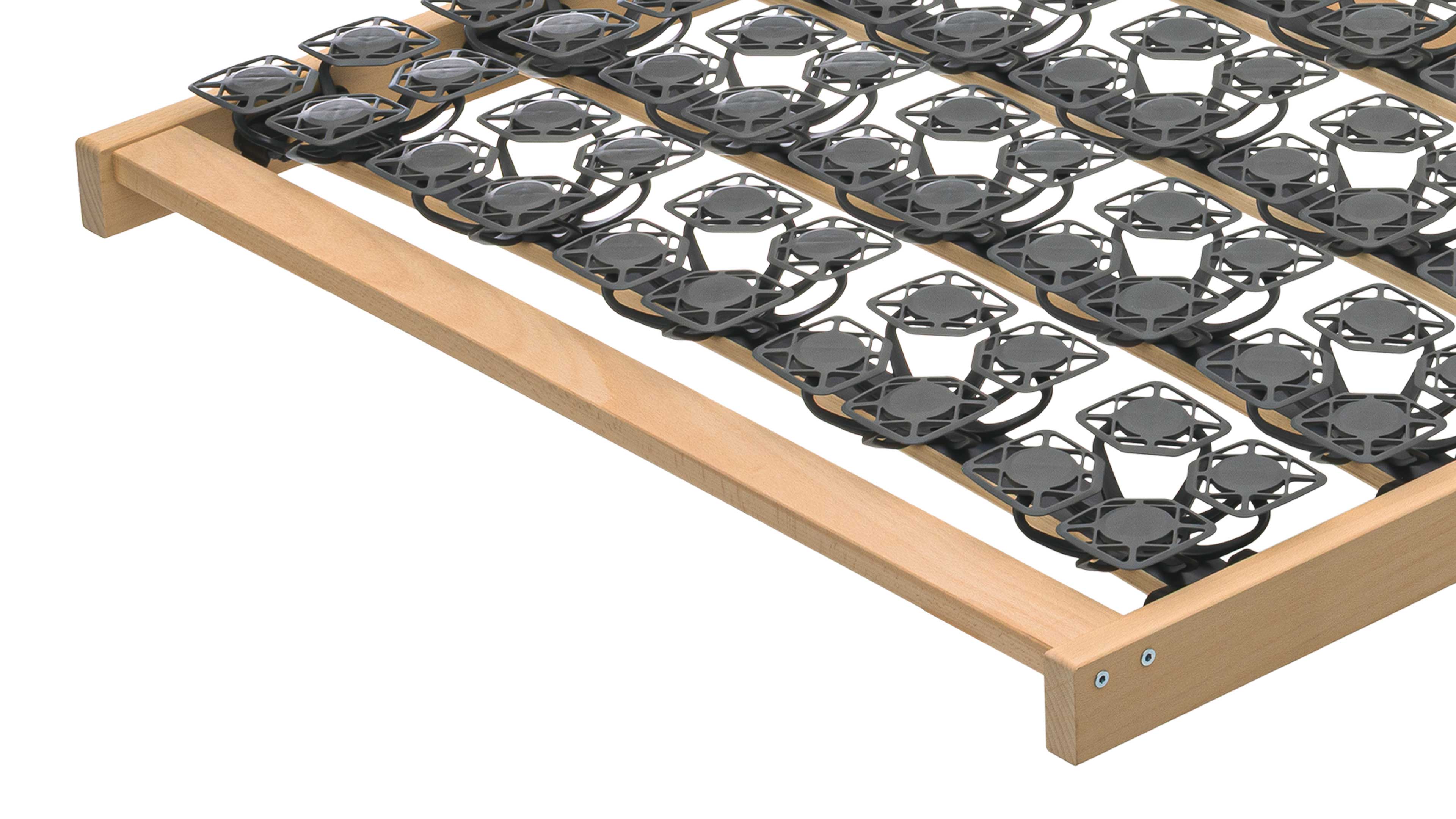 Lattenrost mit hellem Holzrahmen und quer verlaufenden Federleisten, bestückt mit mehreren Reihen dunkler Kunststoff-Federelemente.