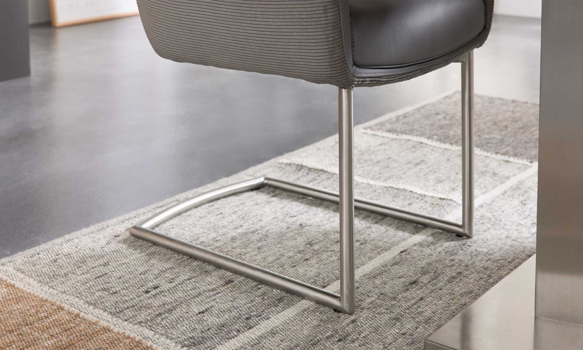 Freischwinger-Sessel mit grauem Leder-Cord-Mix und Edelstahlgestell
