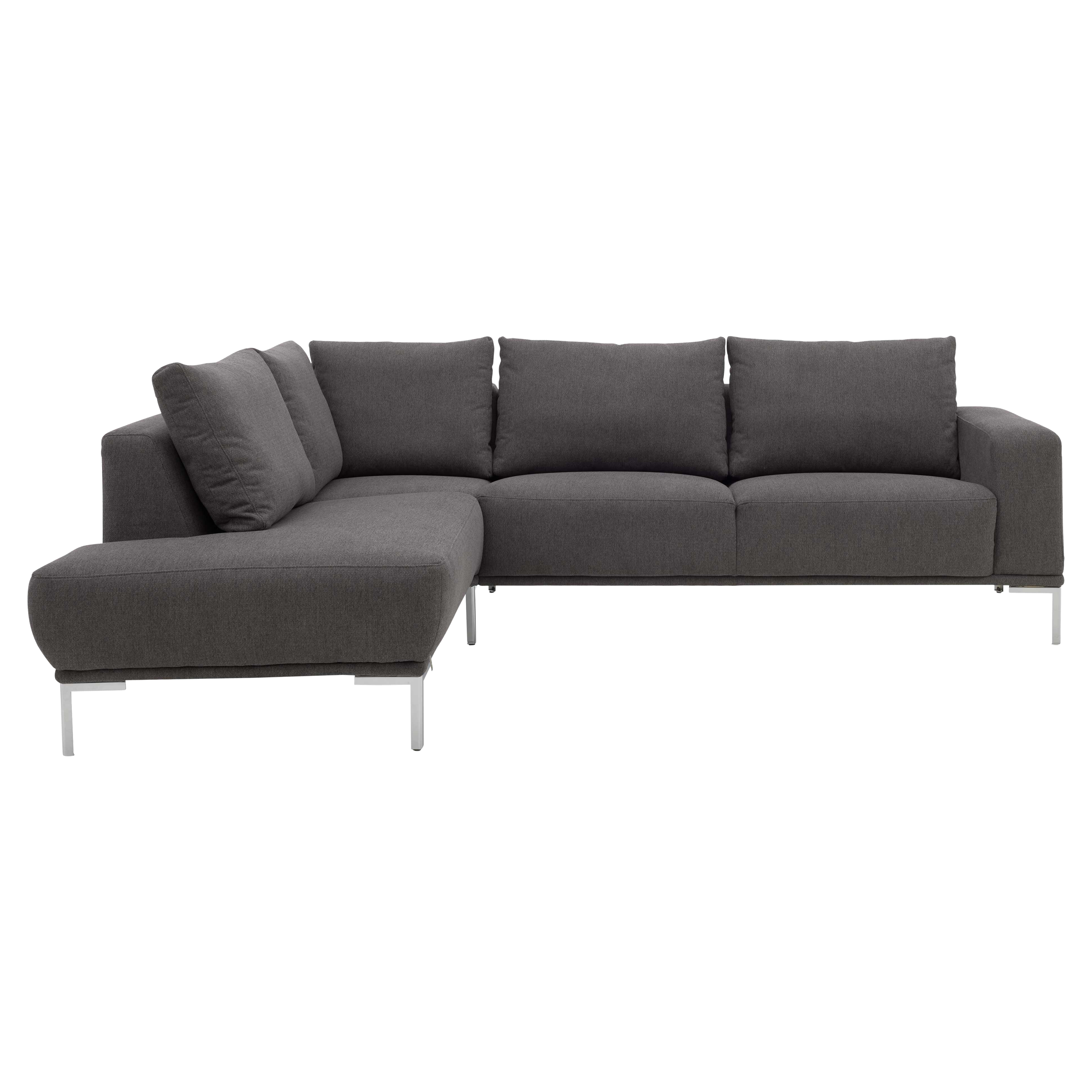 Ecksofa mit dunkelgrauem Stoffbezug und glänzenden Metallfüßen