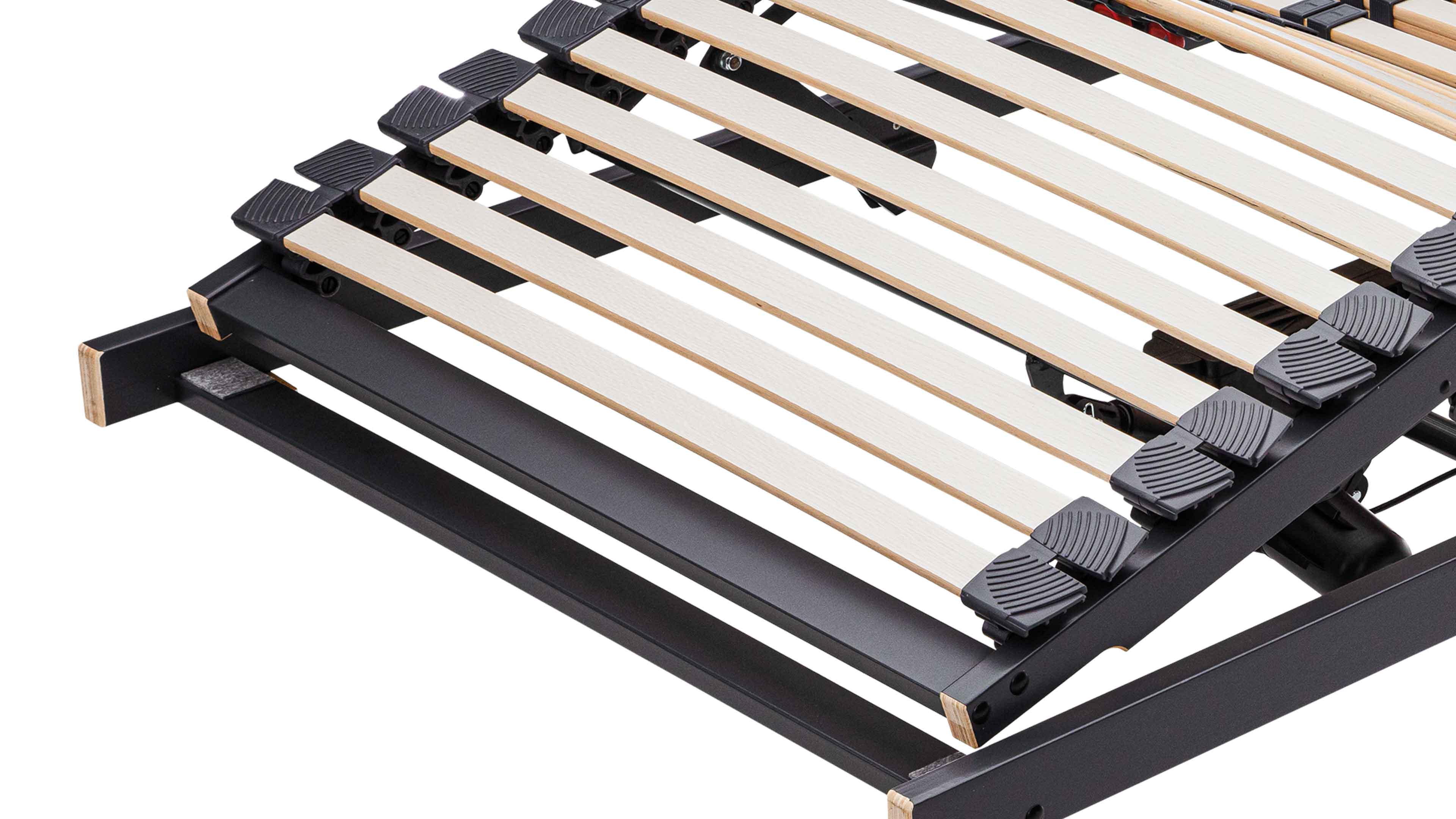 Lattenrost mit hellen gebogenen Holzleisten in schwarzen Kunststoffhaltern auf schwarzem Metallrahmen, sichtbare Verstellmechanik.