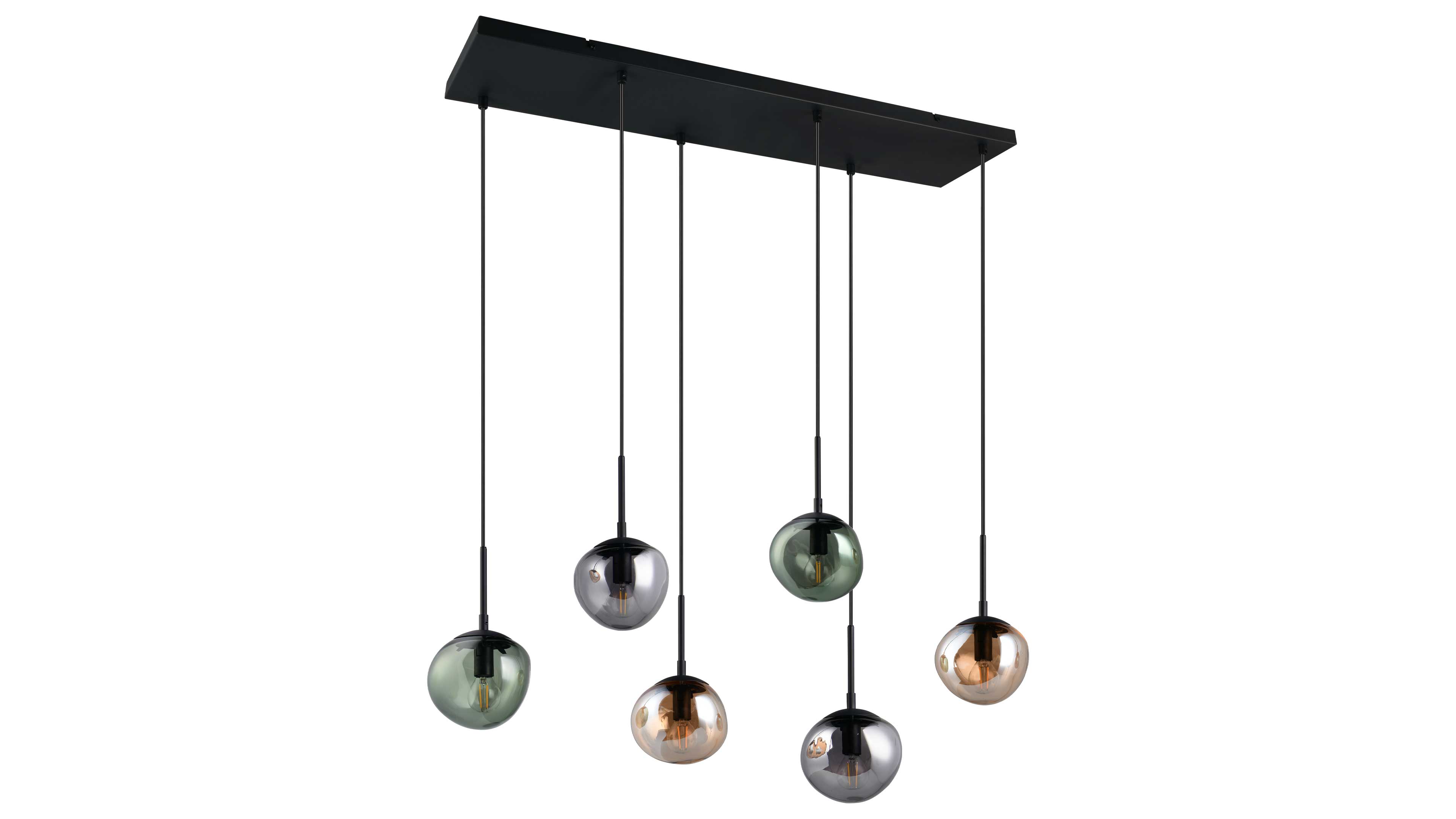 Sechs hängende Glas-Kugeln in Grün, Rauch und Bernstein an dünnen schwarzen Kabeln, befestigt an einer rechteckigen Deckenplatte.