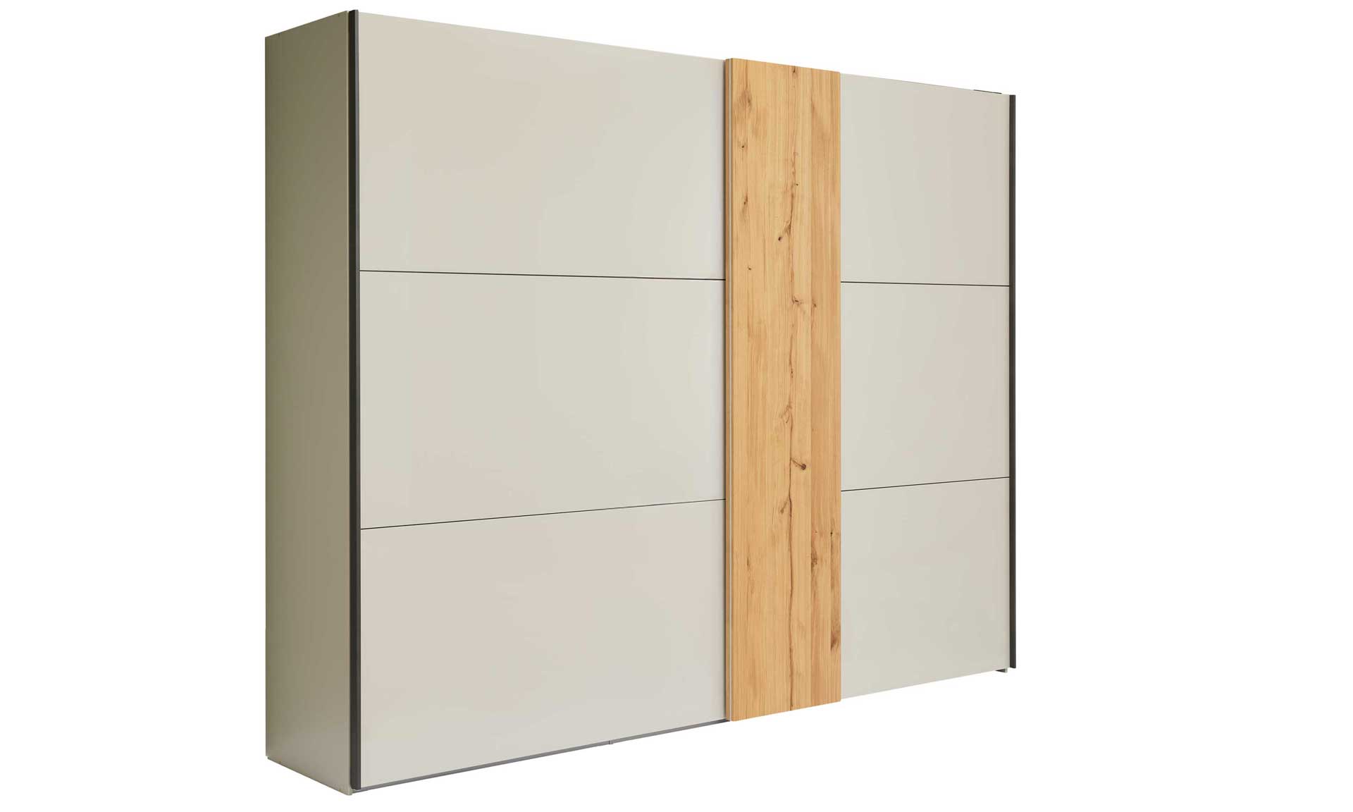 Schwebetüren-Kleiderschrank mit zwei Türen in Graubeige und Kernholz