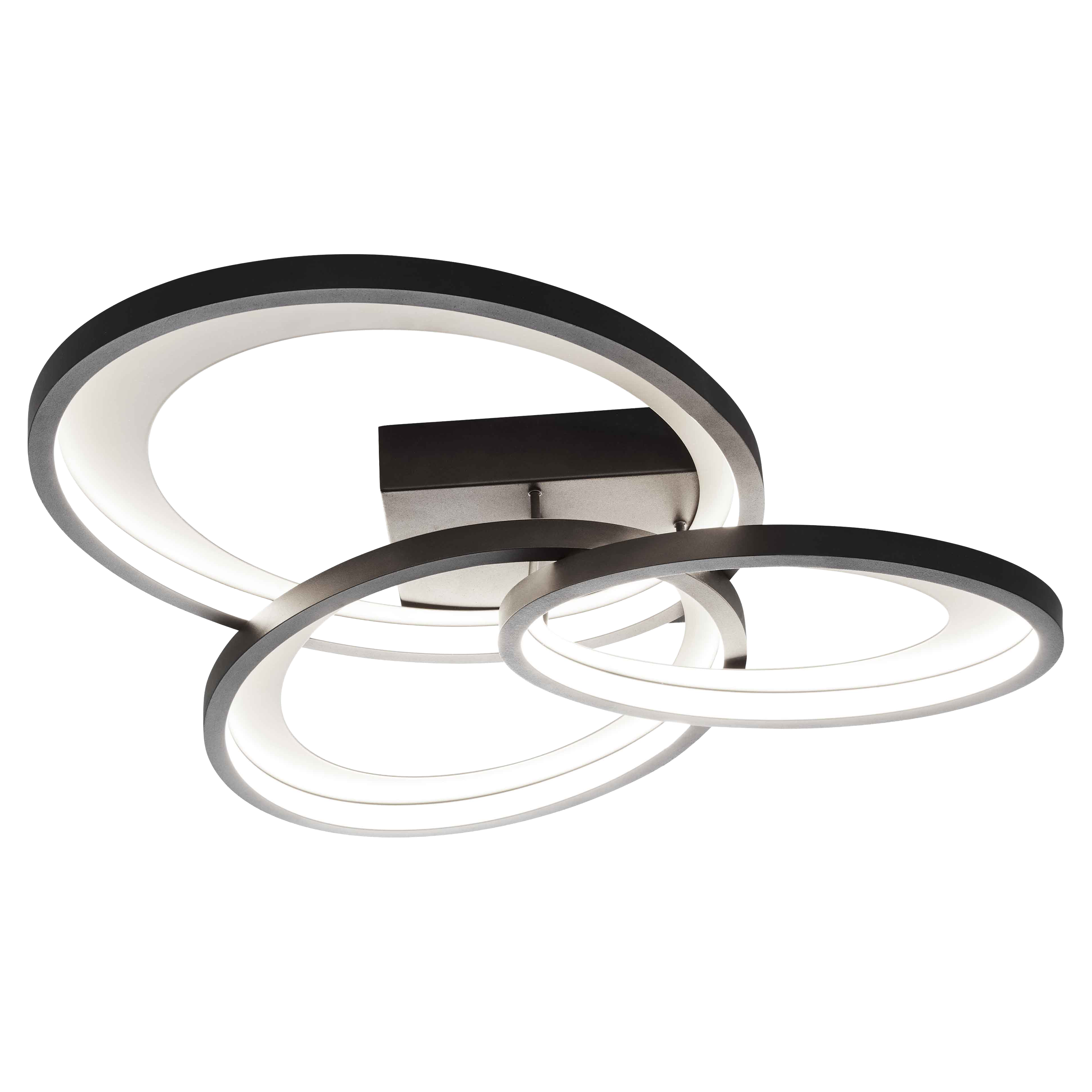 Deckenleuchte mit drei ineinander greifenden, beleuchteten Ringen in grauer Fassung und weißem Diffusor mit quadratischer Halteplatte.