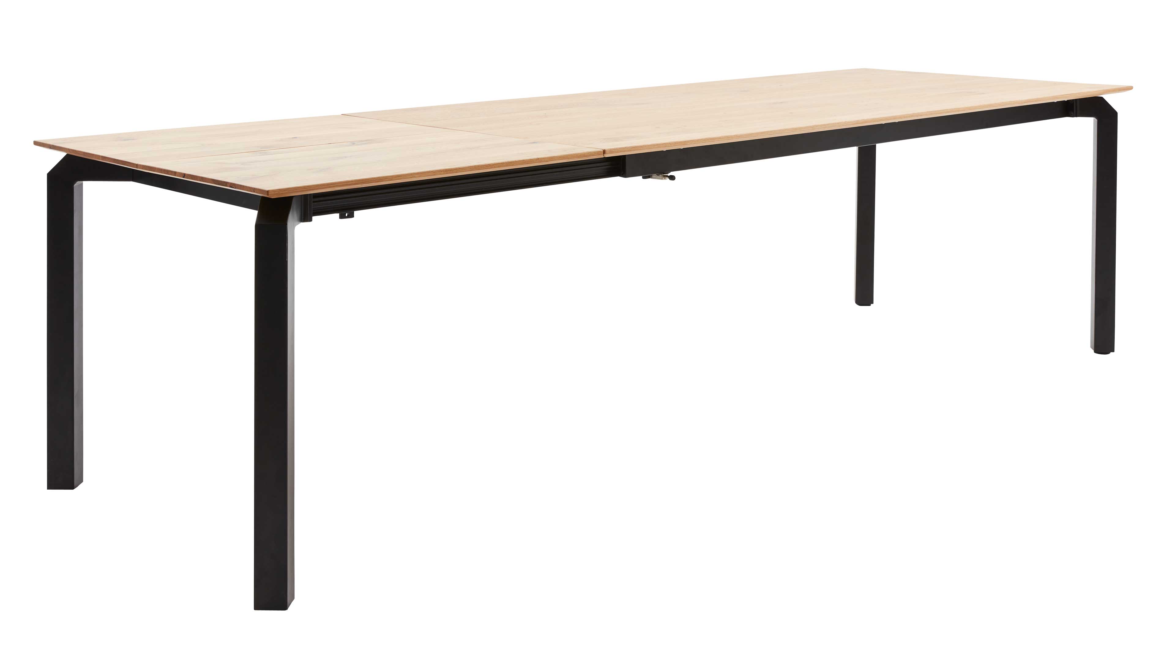 Langer Esstisch mit heller Holzplatte und ausgezogener Mittelverlängerung, schwarzes Metallgestell mit vier Beinen.