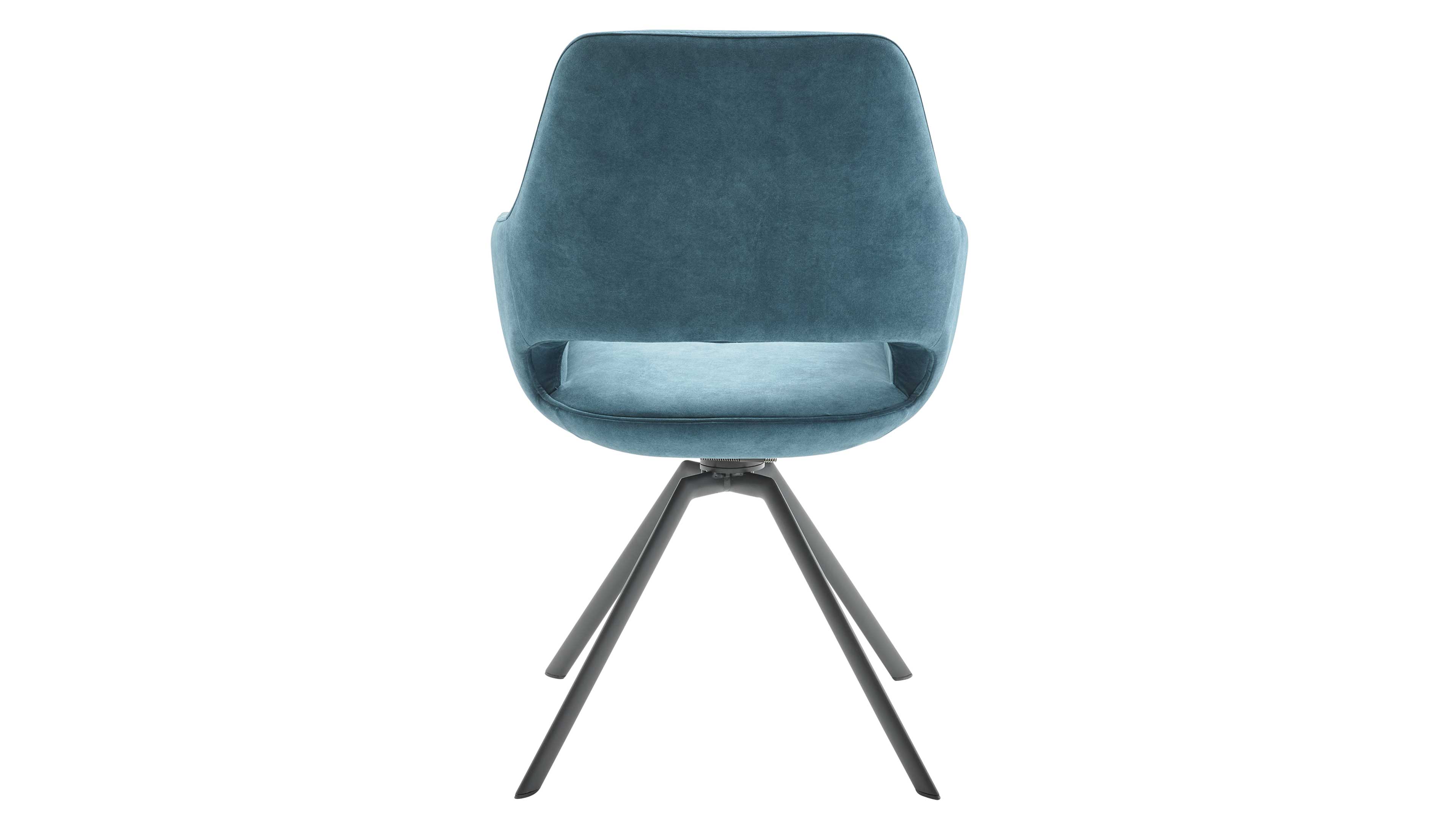 Blau-grüner, gepolsterter Stuhl mit geschwungener Rückenlehne und Öffnung zwischen Sitz und Lehne auf vier dunklen schrägen Metallbeinen.