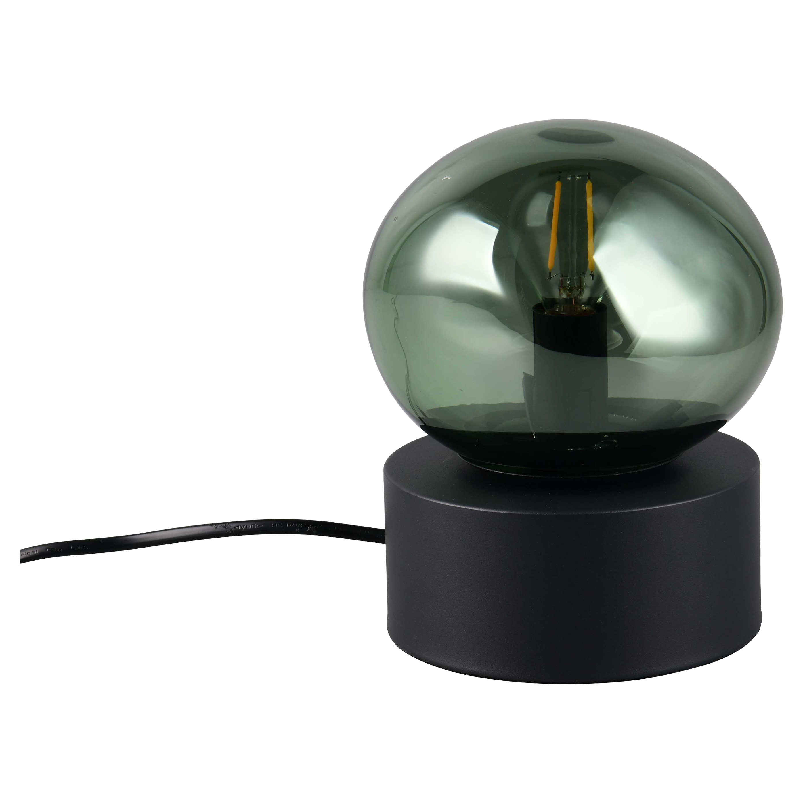 Tischlampe mit rundem rauchgrünem Glaskugel-Schirm auf mattschwarzem zylindrischem Sockel und seitlich herausführendem Kabel.