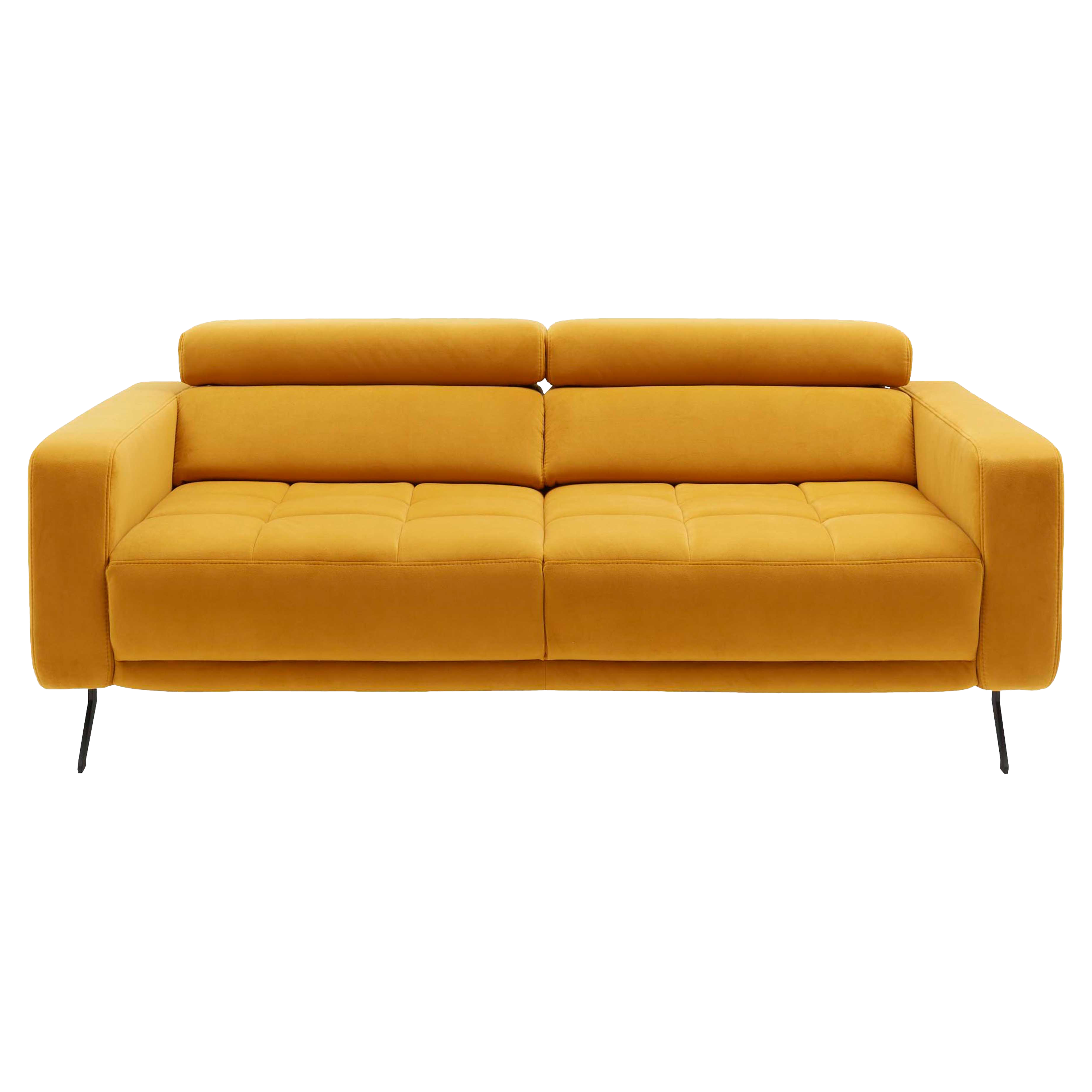 Senfgelbes Zweisitzer-Sofa mit gesteppter Sitzfläche, breiten Armlehnen, zwei Rückenpolstern und schwarzen Metallfüßen.