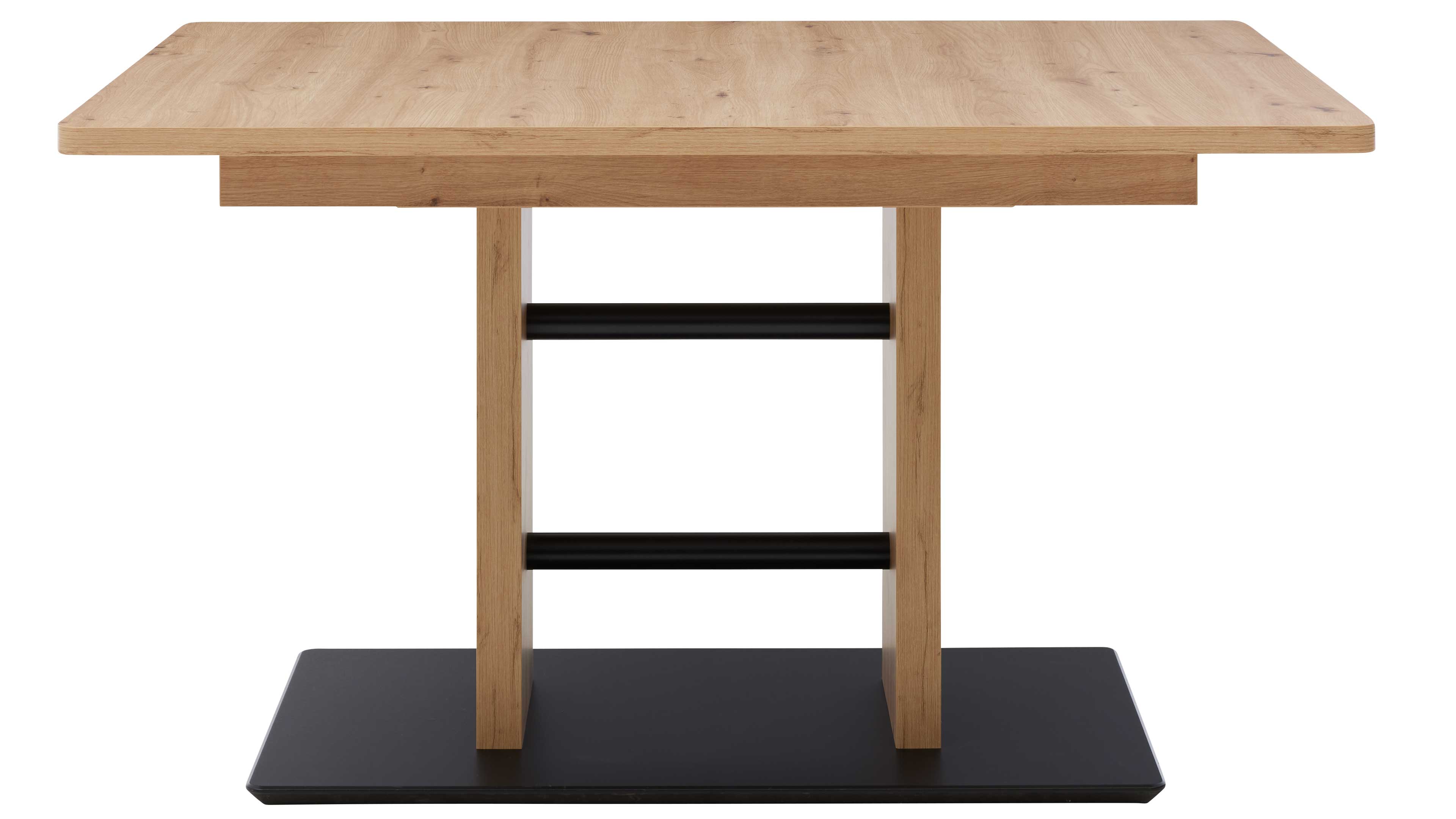 Rechteckiger Holztisch mit hellen Holzplatte, zwei vertikalen Holzbeinen, zwei schwarzen Querstreben und schwarzer Bodenplatte.