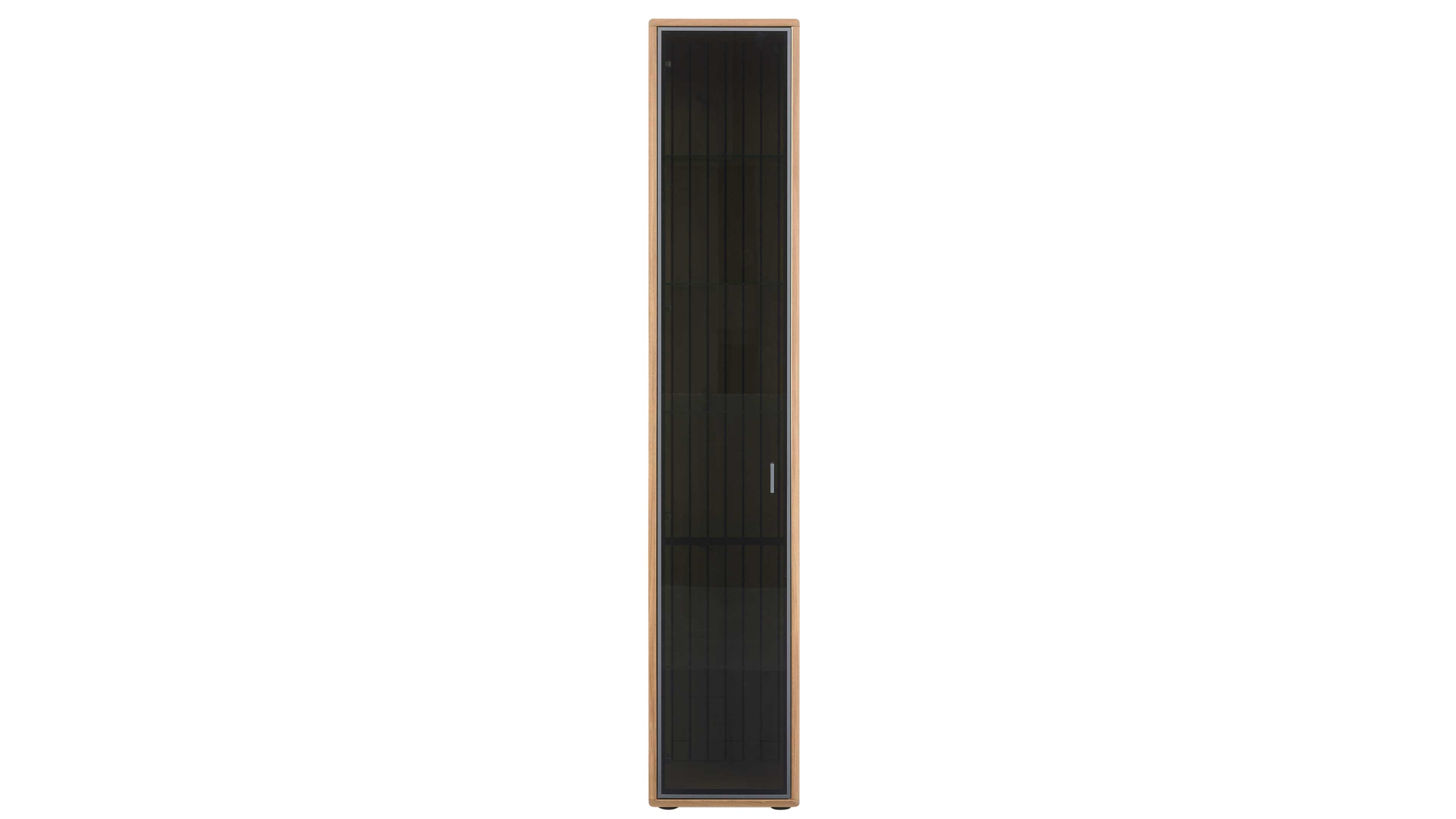 Hohe Vitrine mit Schwarzglasfront und Eichefurnier