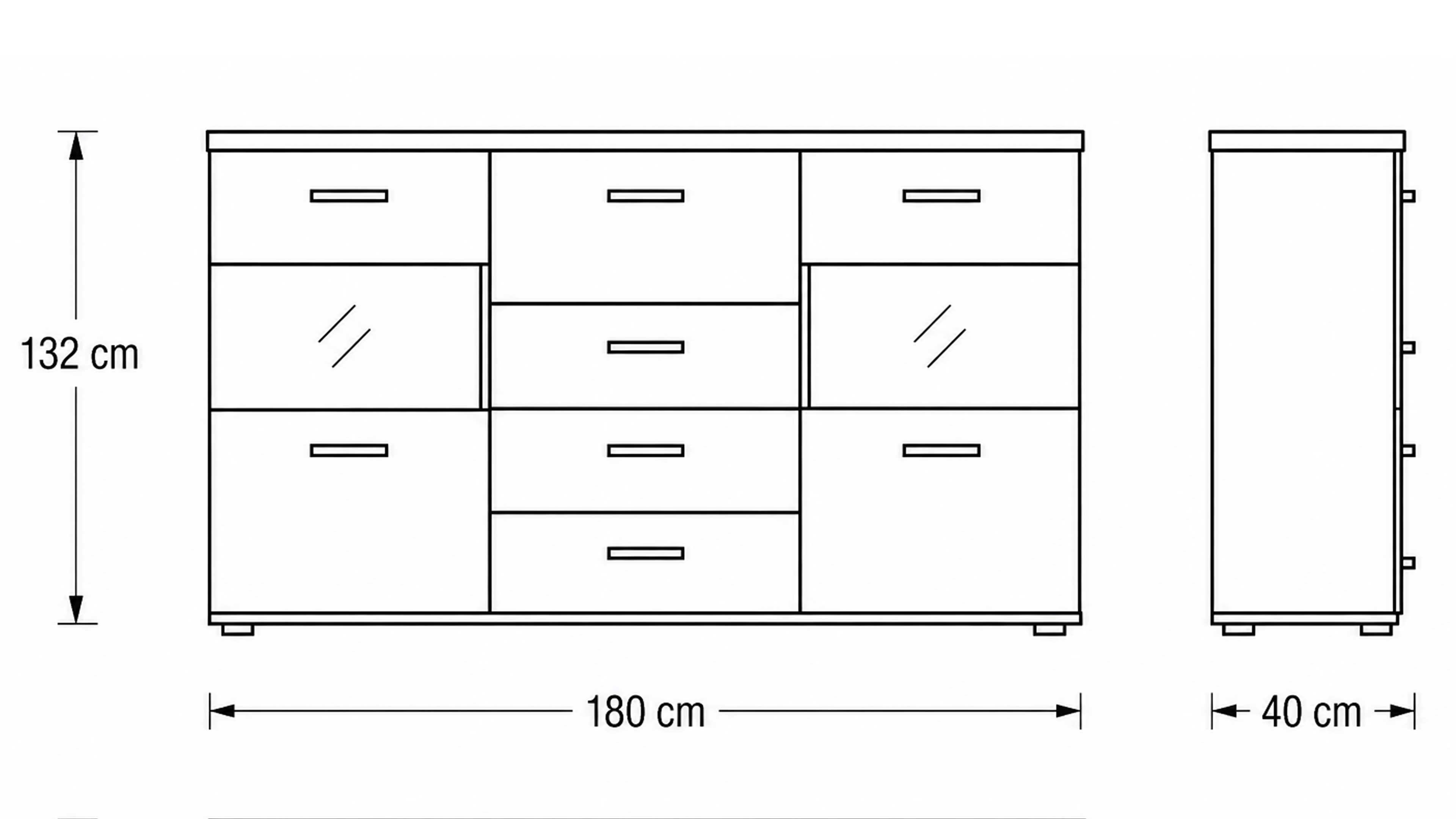 Highboard in Alteicheoptik mit Glaseinsätzen, Schubladen und geschlossenem Stauraum für Wohnbereiche